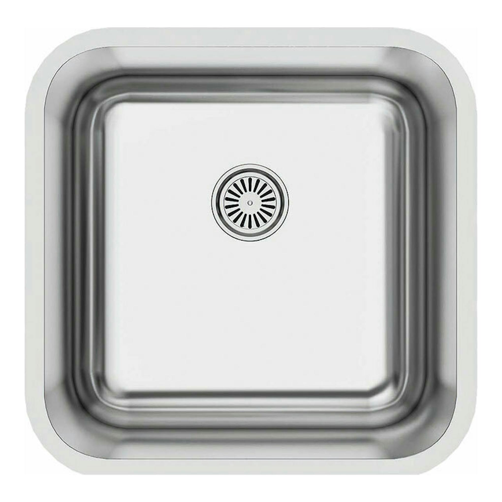 Fregadero Cata CBP4040/B inox, vista cenital, cubeta cuadrada de acero inoxidable con desagüe central.