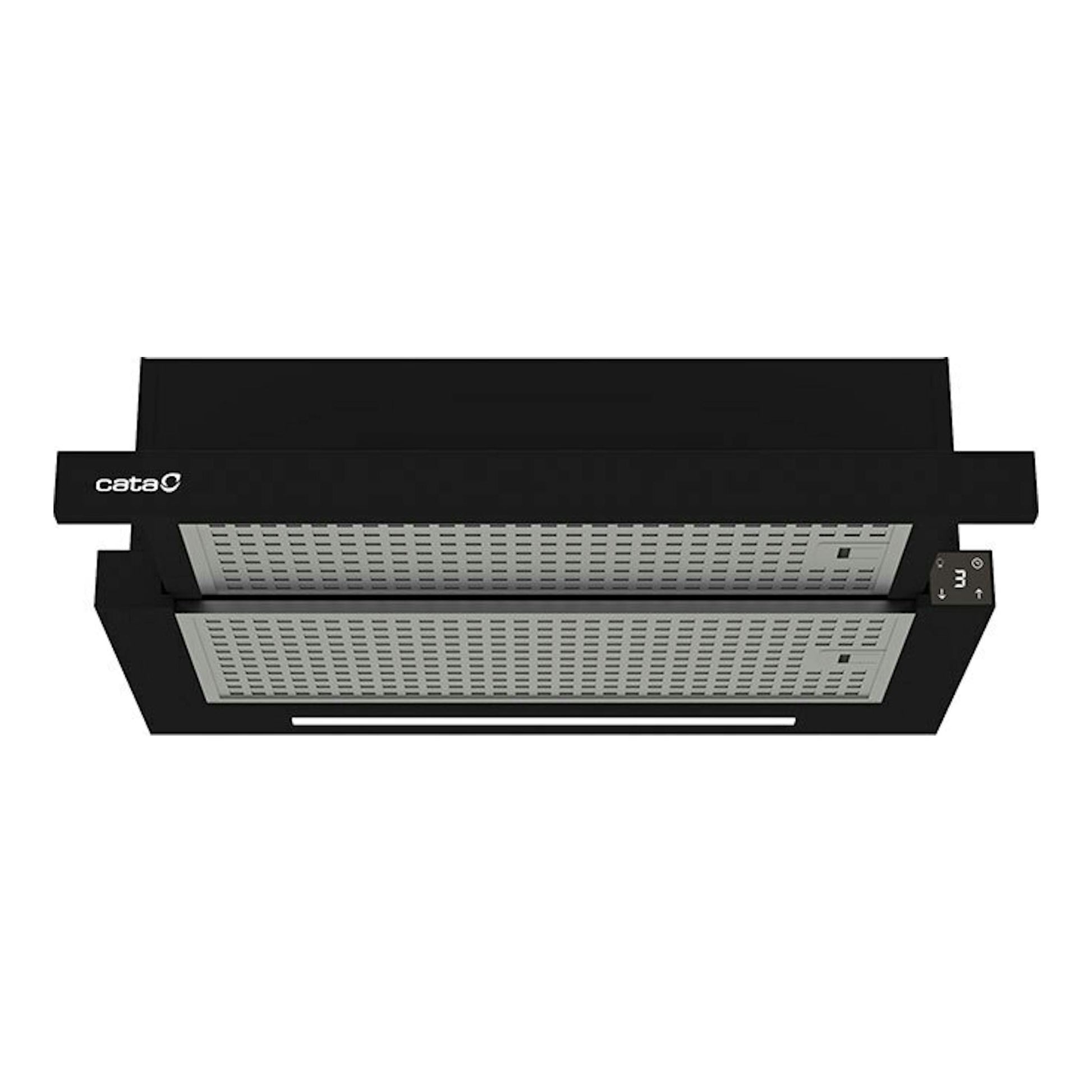 Campana integrada Cata TFH6430GBK/B negra, vista frontal inferior con filtros metálicos.
