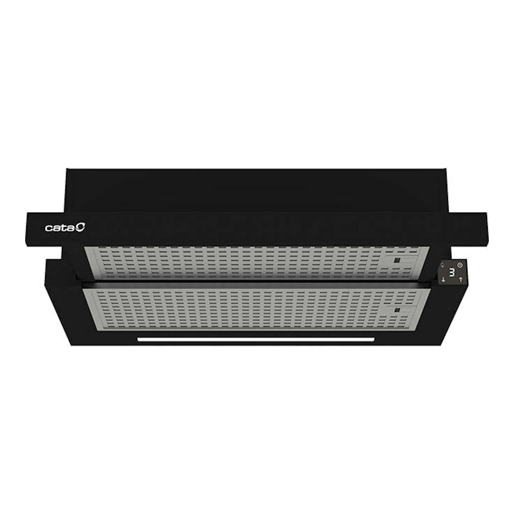 Campana integrada Cata TFH6430GBK/B negra, vista frontal inferior con filtros metálicos.