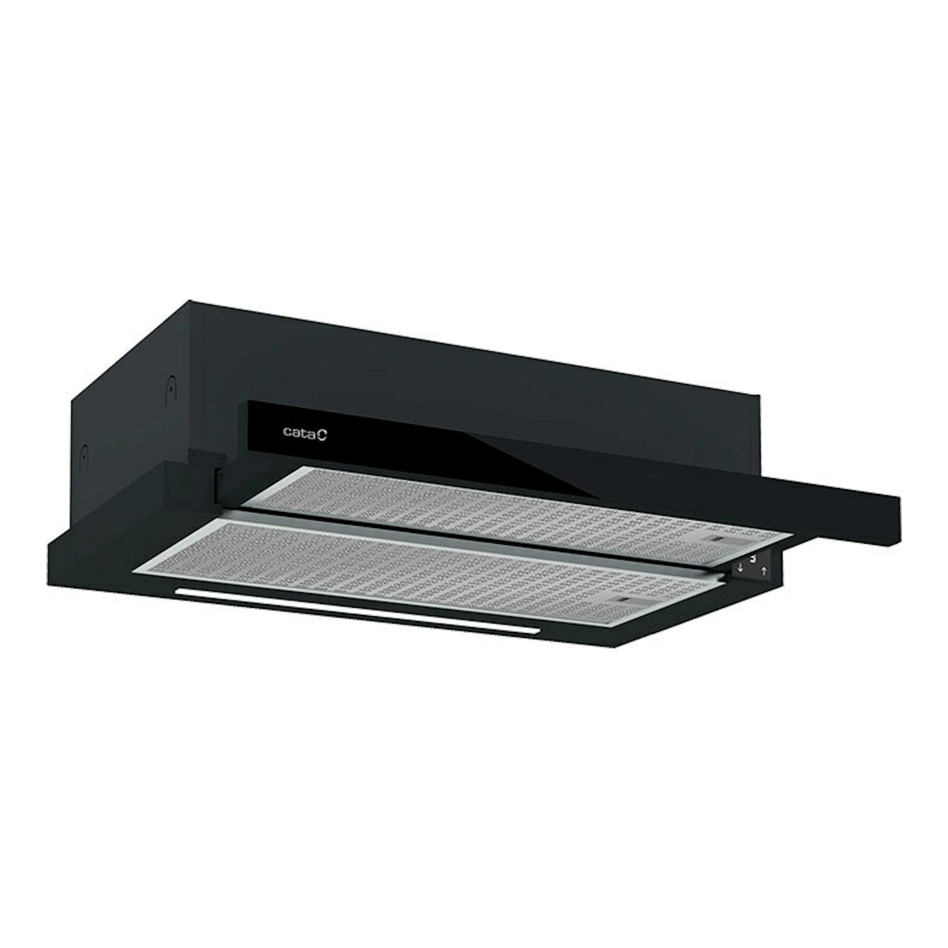 Campana integrada Cata TFH6430GBK/B negra, vista inferior en ángulo, con filtros metálicos y panel frontal.