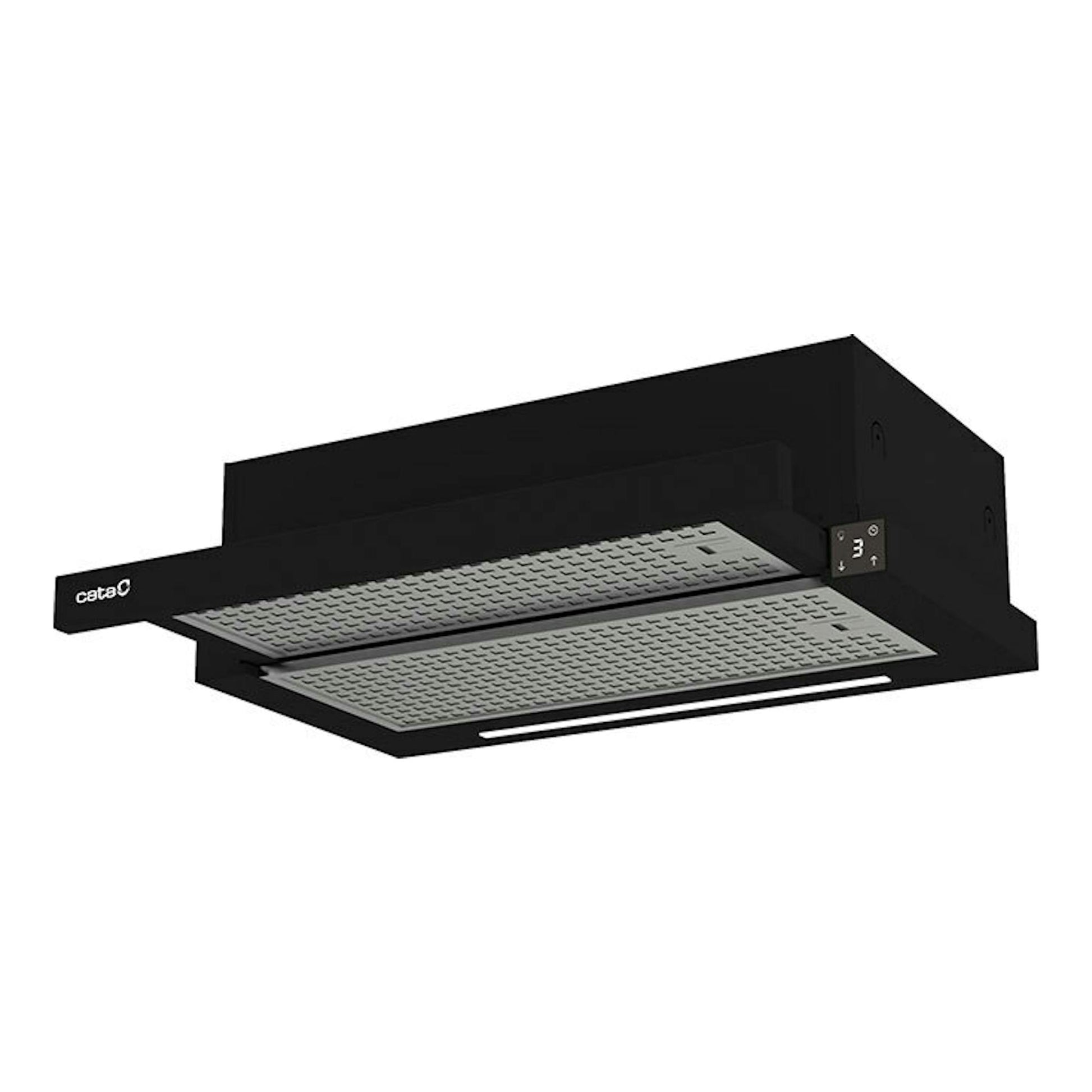 Campana integrada Cata TFH6430GBK/B negra, vista inferior frontal, con filtros metálicos.