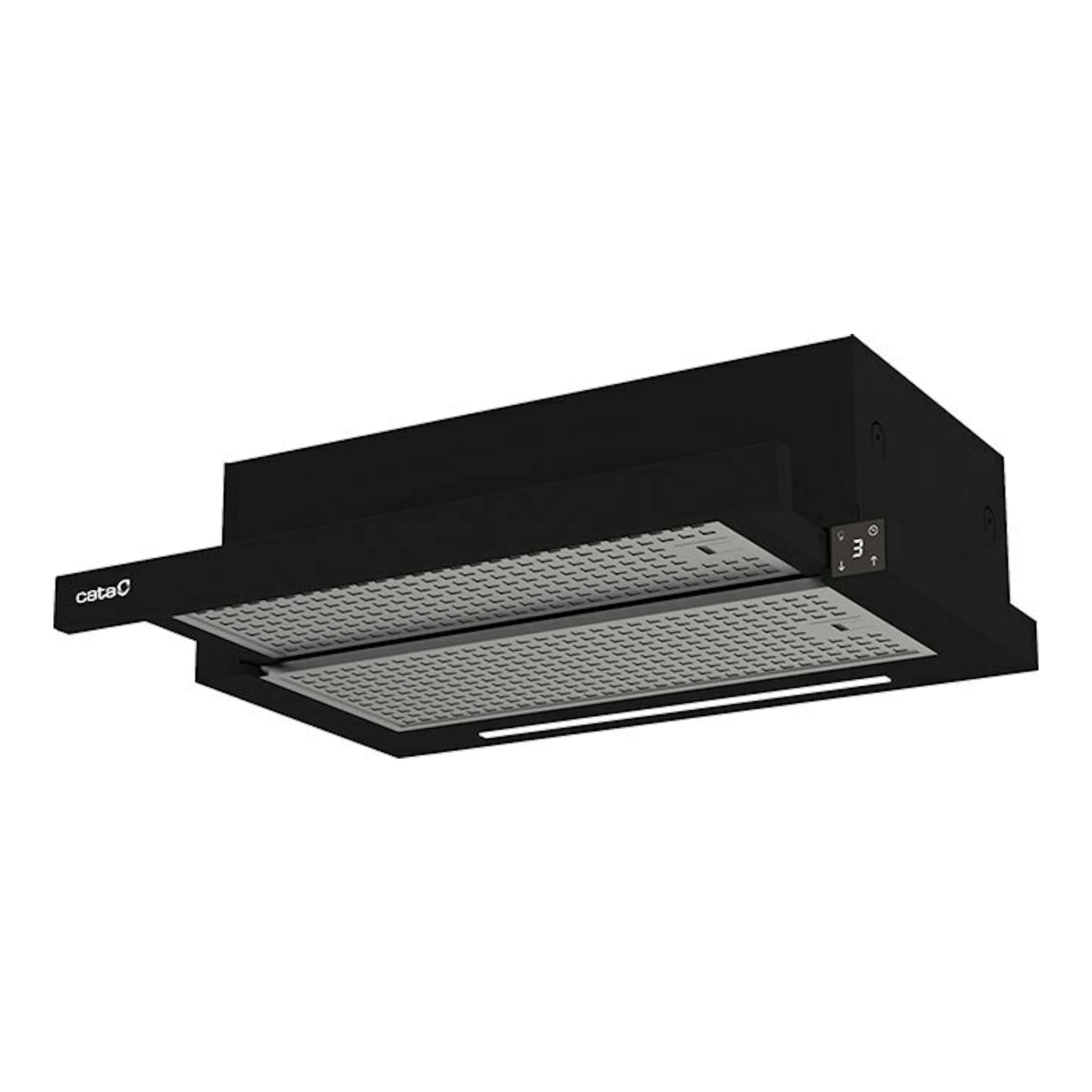 Campana integrada Cata TFH6430GBK/B negra, vista inferior frontal, con filtros metálicos.