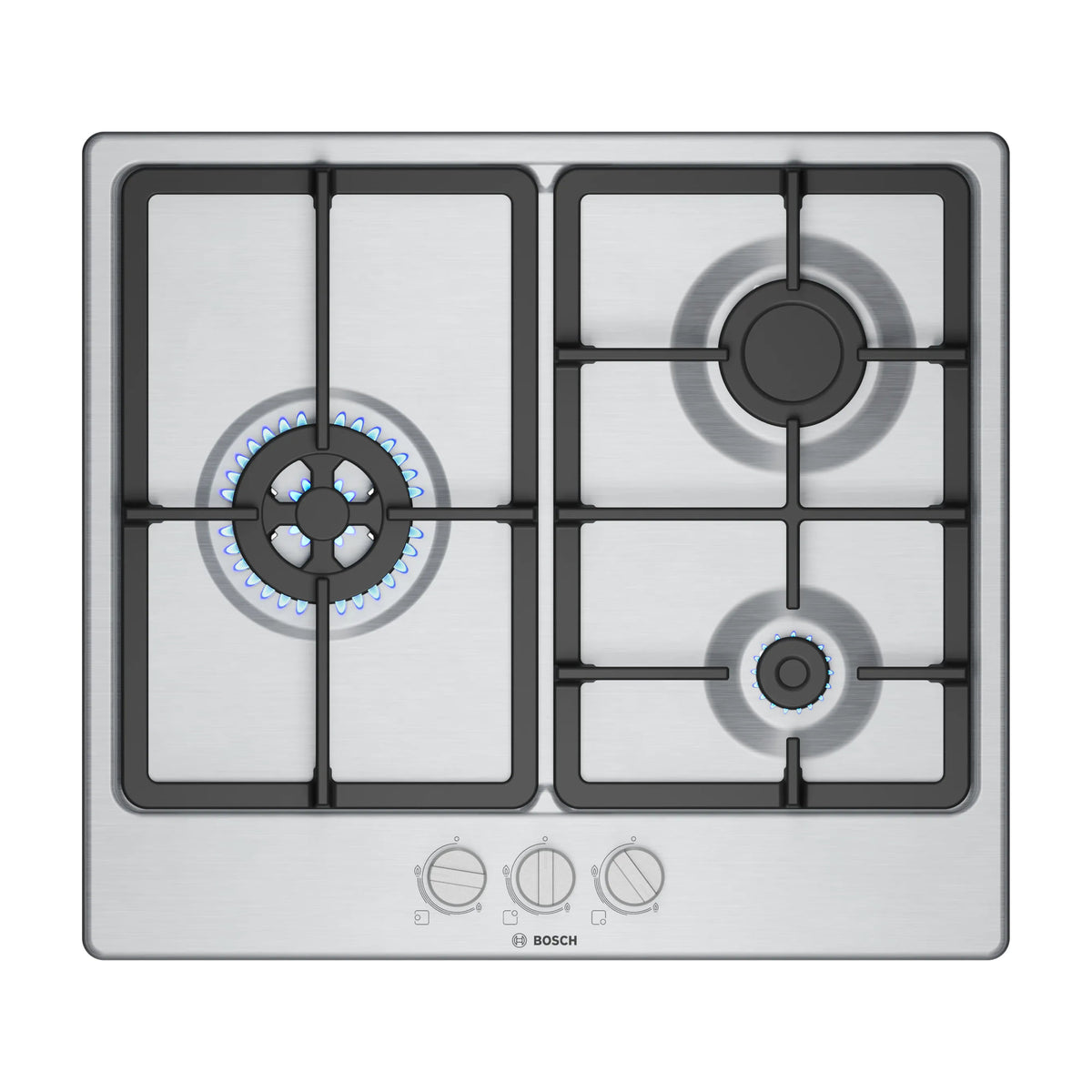 Placa de gas Bosch PGC6B5K90 de 3 zonas con quemador wok e inox