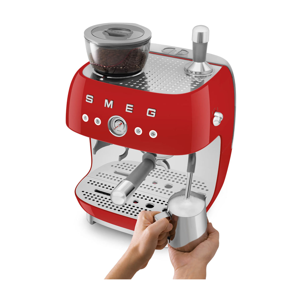 Cafetera espresso manual Smeg EGF03RDEU roja con molinillo integrado y doble thermoblock