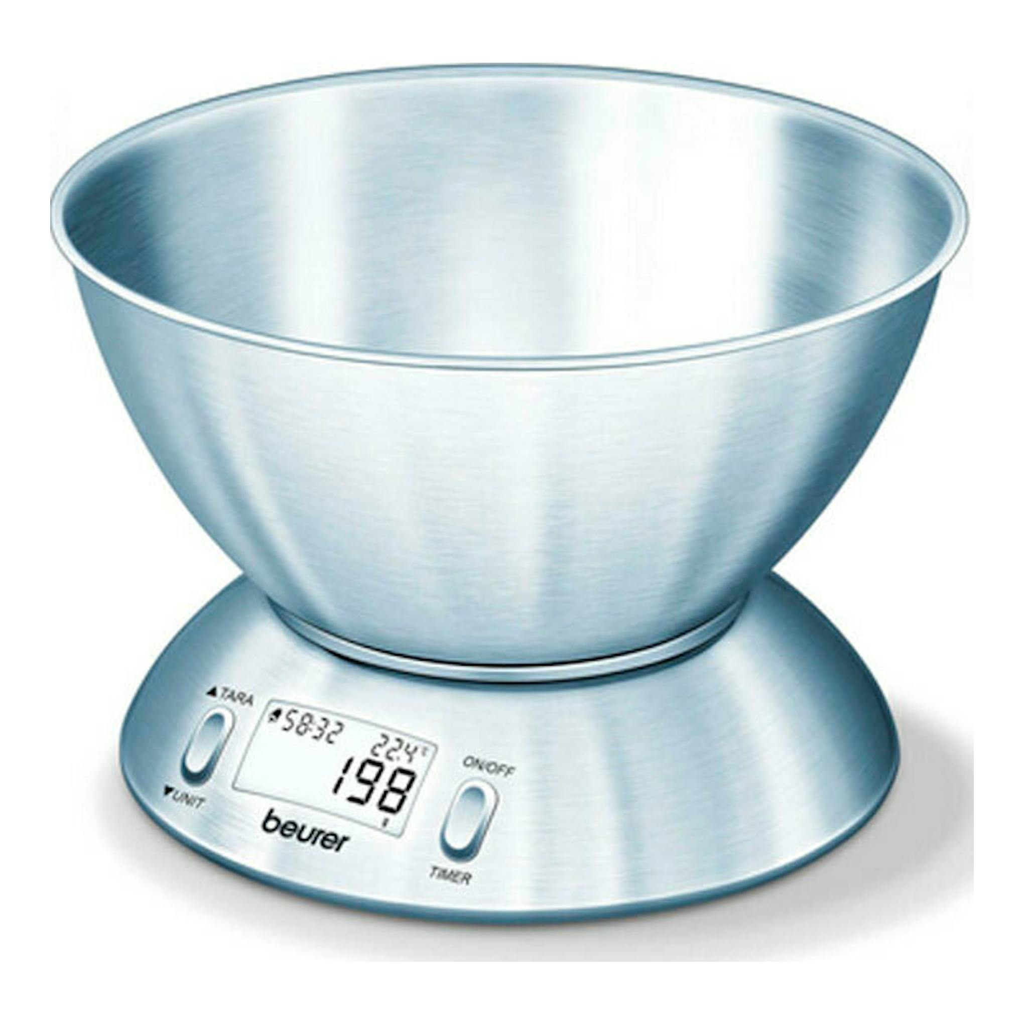 Balanza de cocina Beurer KS-54 de acero inoxidable, con bol metálico, vista frontal sobre fondo blanco.