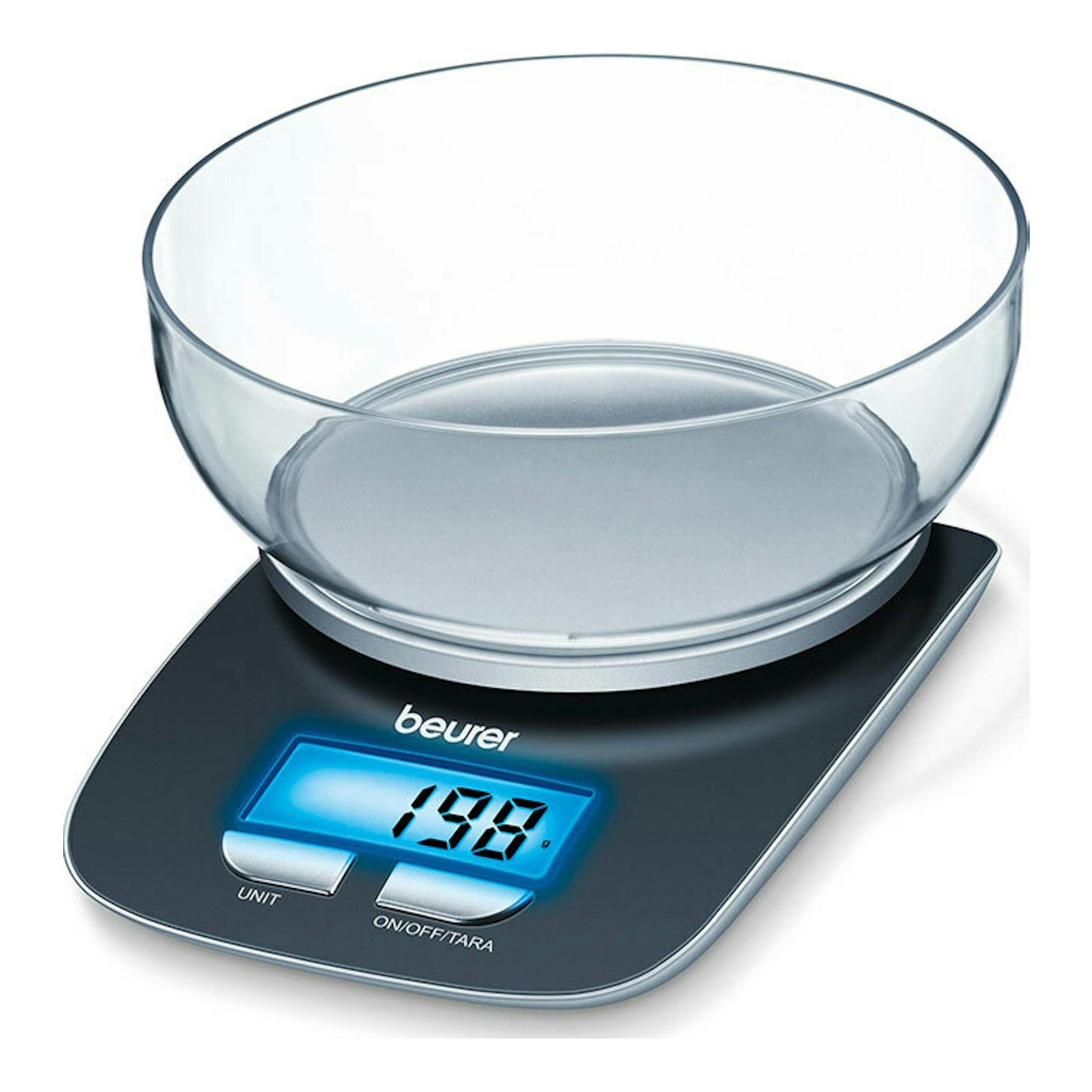 Balanza de cocina Beurer KS-25 negra y plateada con bol de vidrio, vista frontal y pantalla azul.
