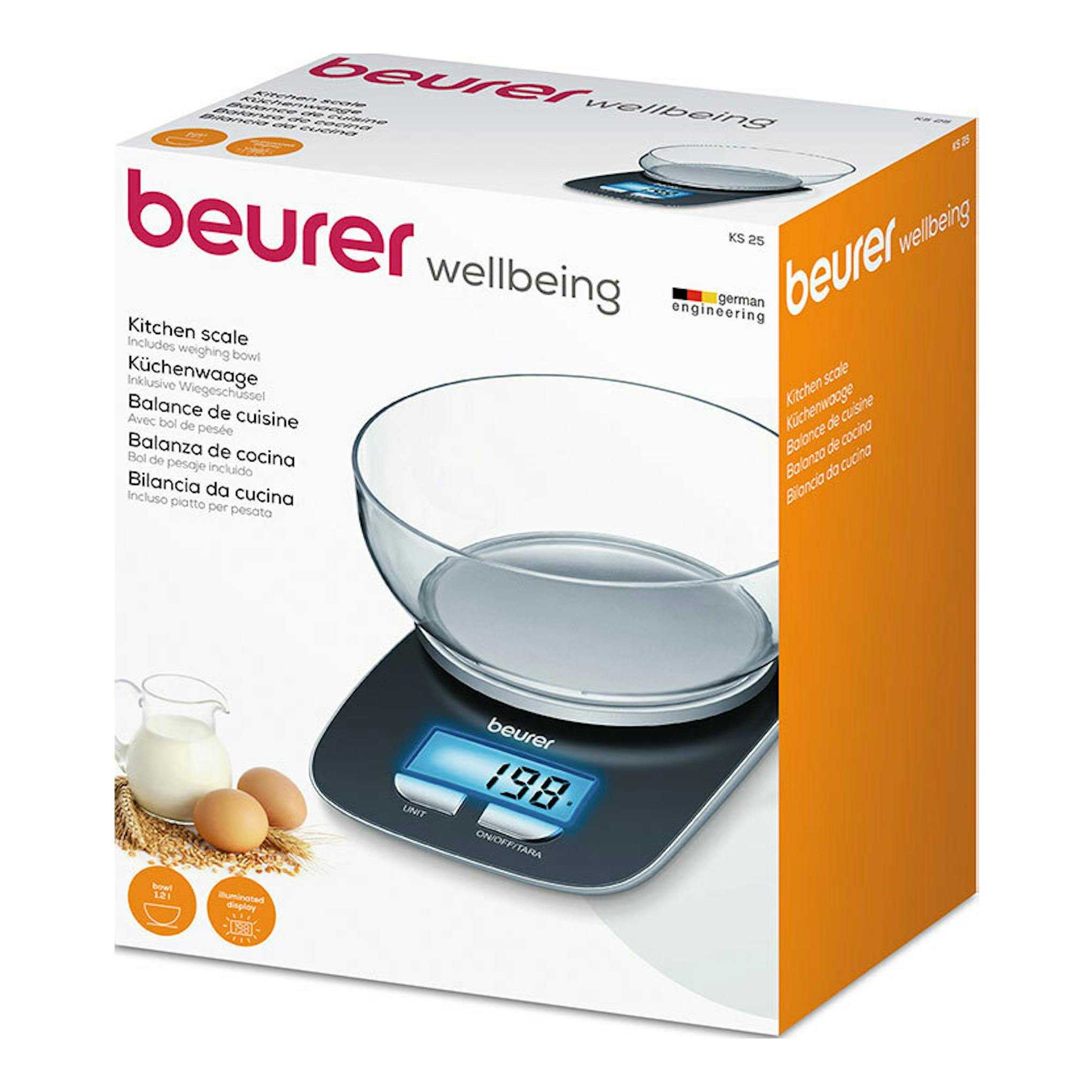 Caja de la balanza de cocina Beurer KS 25, en vista frontal/3/4, blanca y naranja, con bol y pantalla digital.