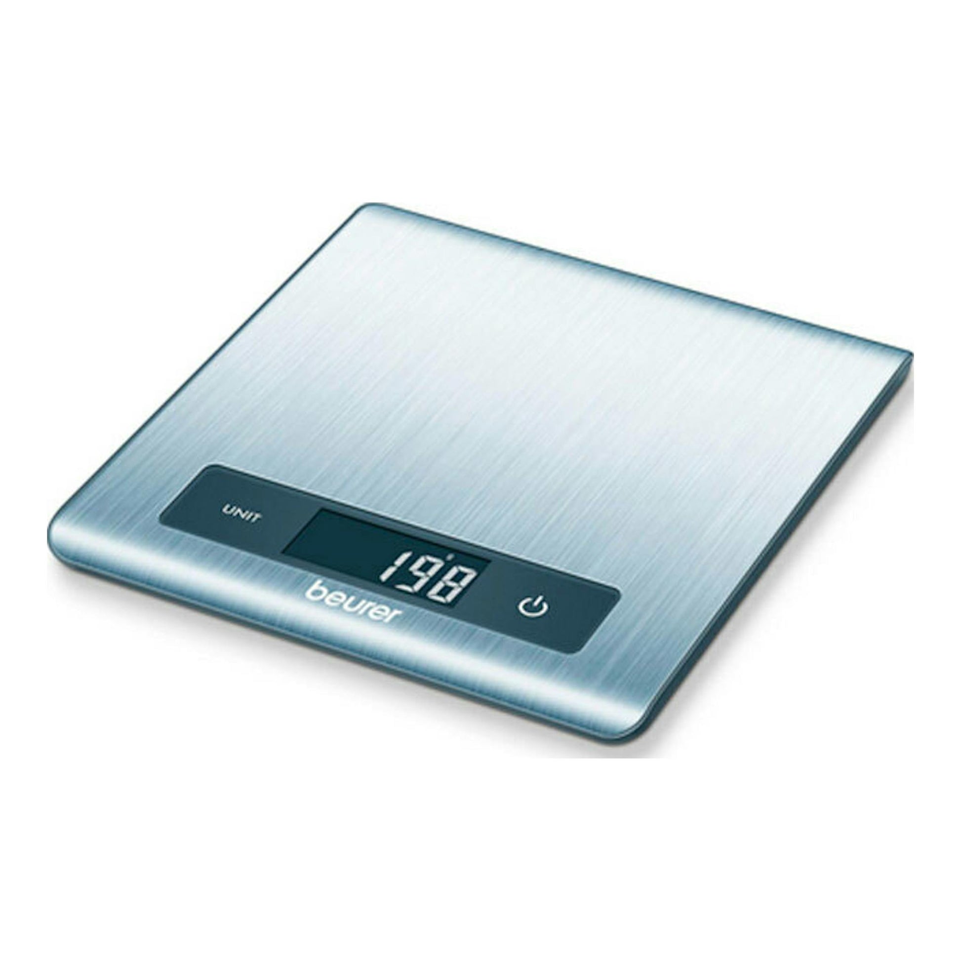 Balanza de cocina Beurer KS-51 metálica, vista en ángulo superior, con pantalla digital y botones táctiles.