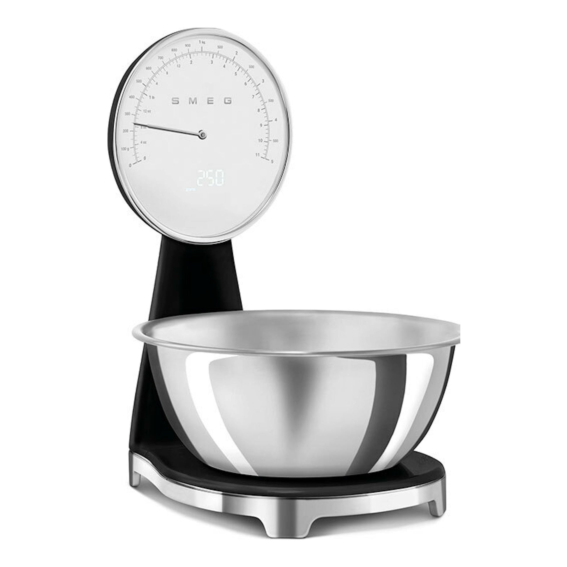 Balanza de cocina Smeg KSF01BLWW negra, vista frontal, con bol de acero inoxidable y dial analógico.