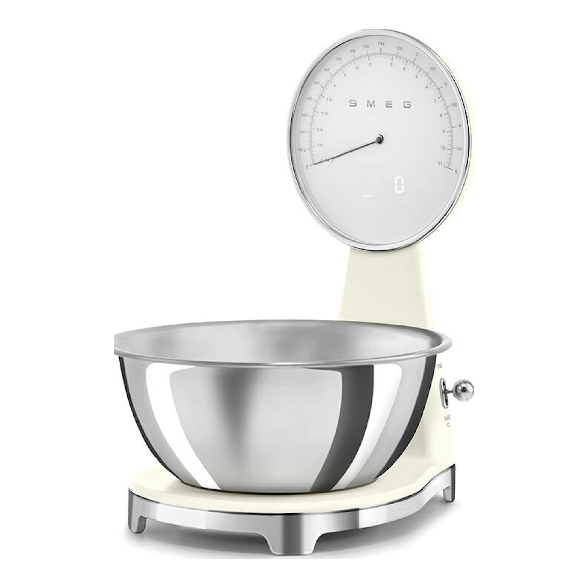 Balanza de cocina Smeg KSF01CRWW crema, vista frontal, con bol de acero inoxidable.