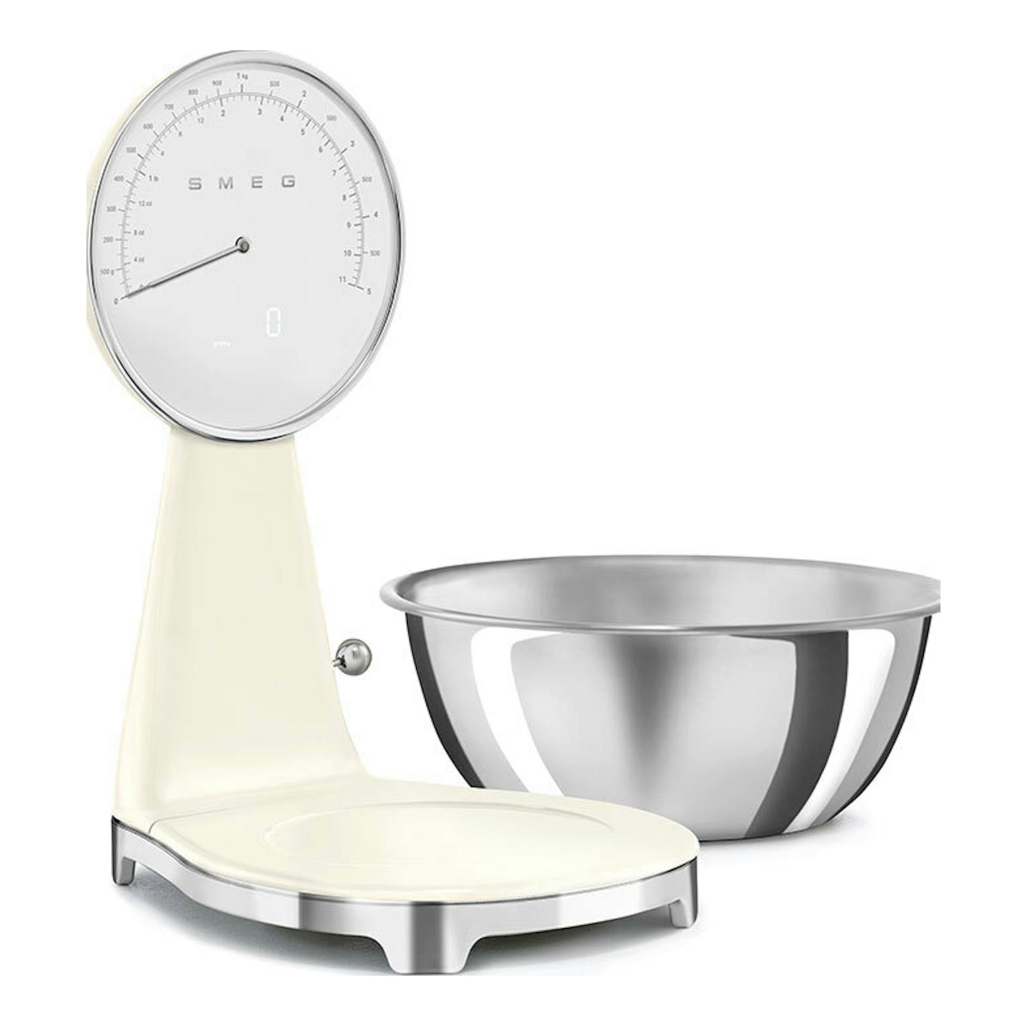 Balanza de cocina Smeg KSF01CRWW crema, vista frontal, con cuenco de acero inoxidable.