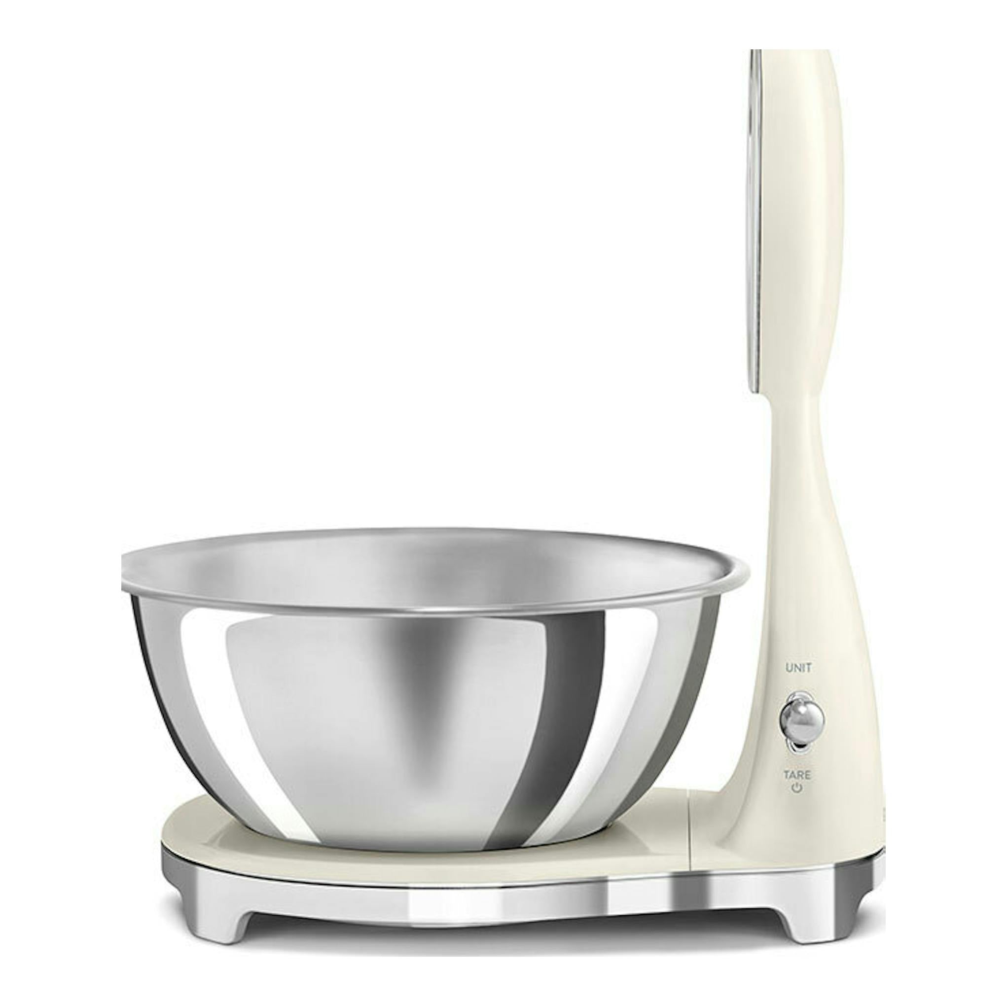 Balanza de cocina Smeg KSF01CRWW crema, vista frontal, con bol metálico sobre base plateada.