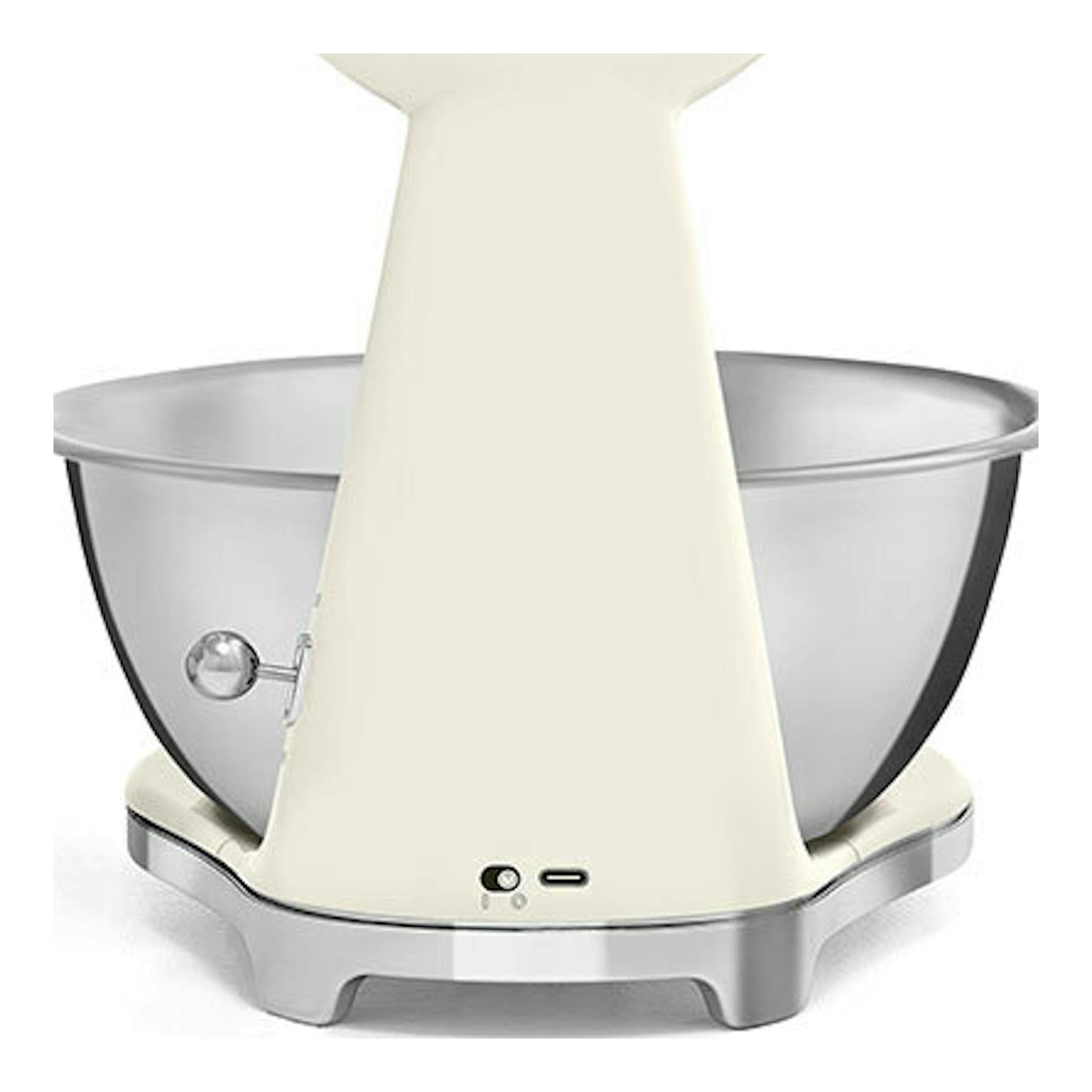 Balanza de cocina Smeg KSF01CRWW color crema, vista frontal, con bol de acero inoxidable.