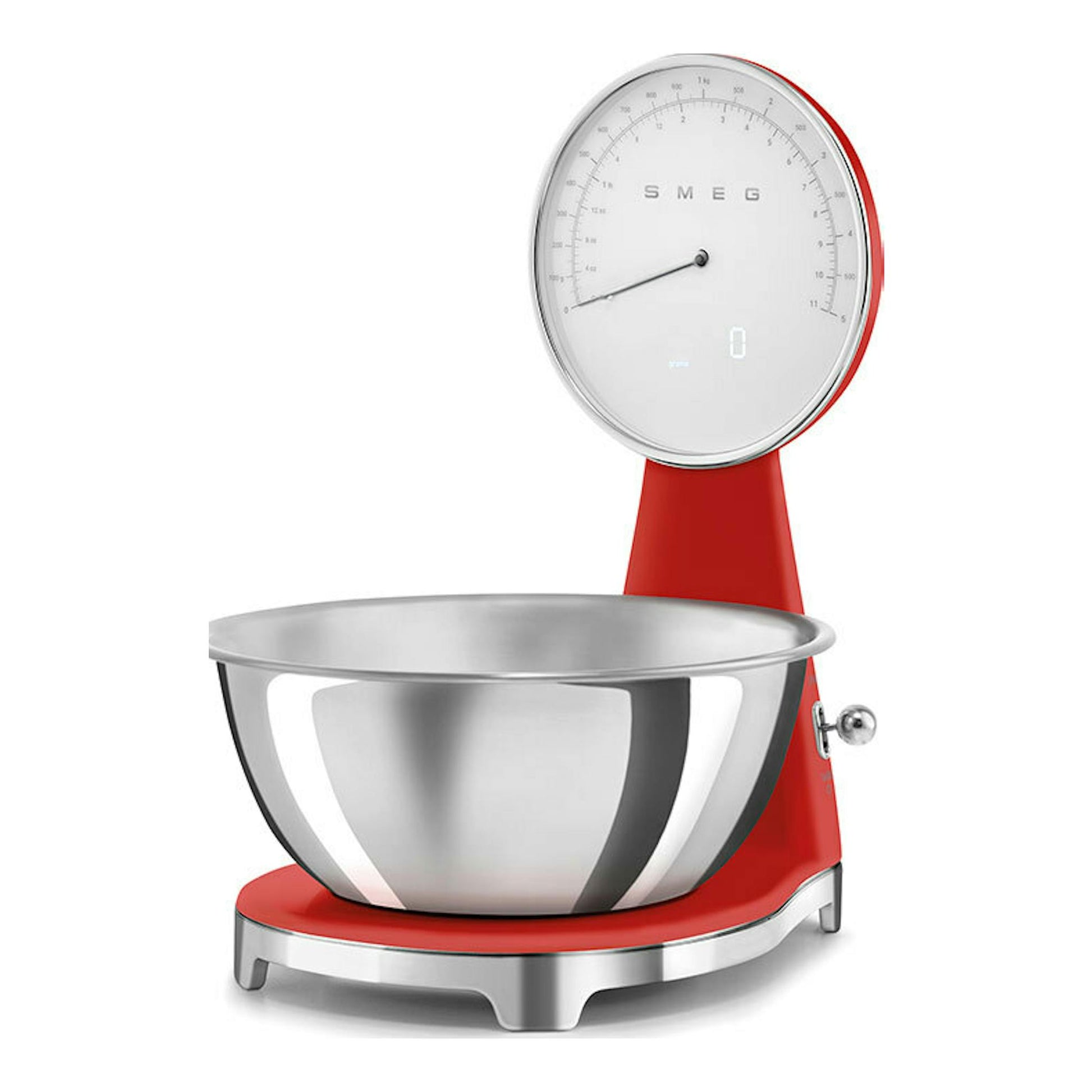 Balanza de cocina Smeg KSF01RDWW roja, vista frontal con cuenco de acero inoxidable.