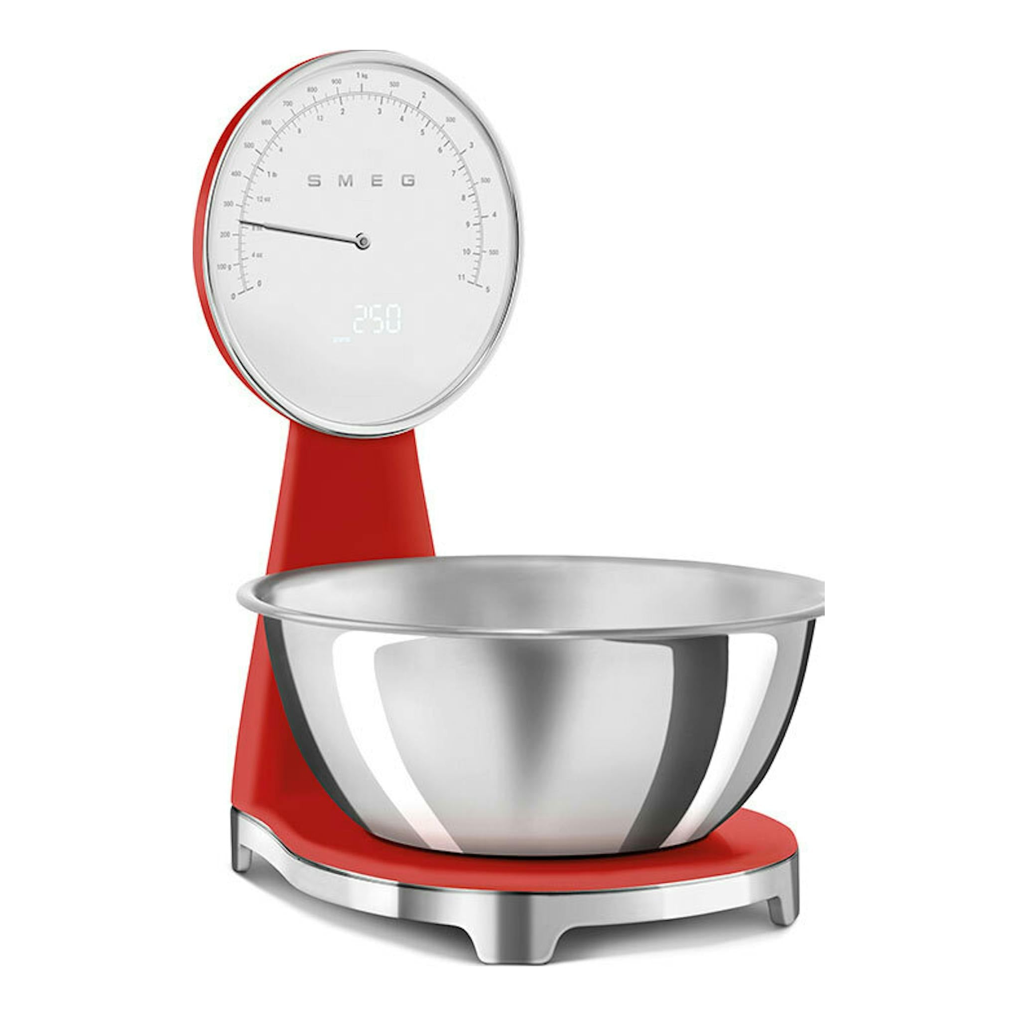 Balanza de cocina Smeg KSF01RDWW roja, vista frontal, con bol de acero inoxidable y dial analógico.
