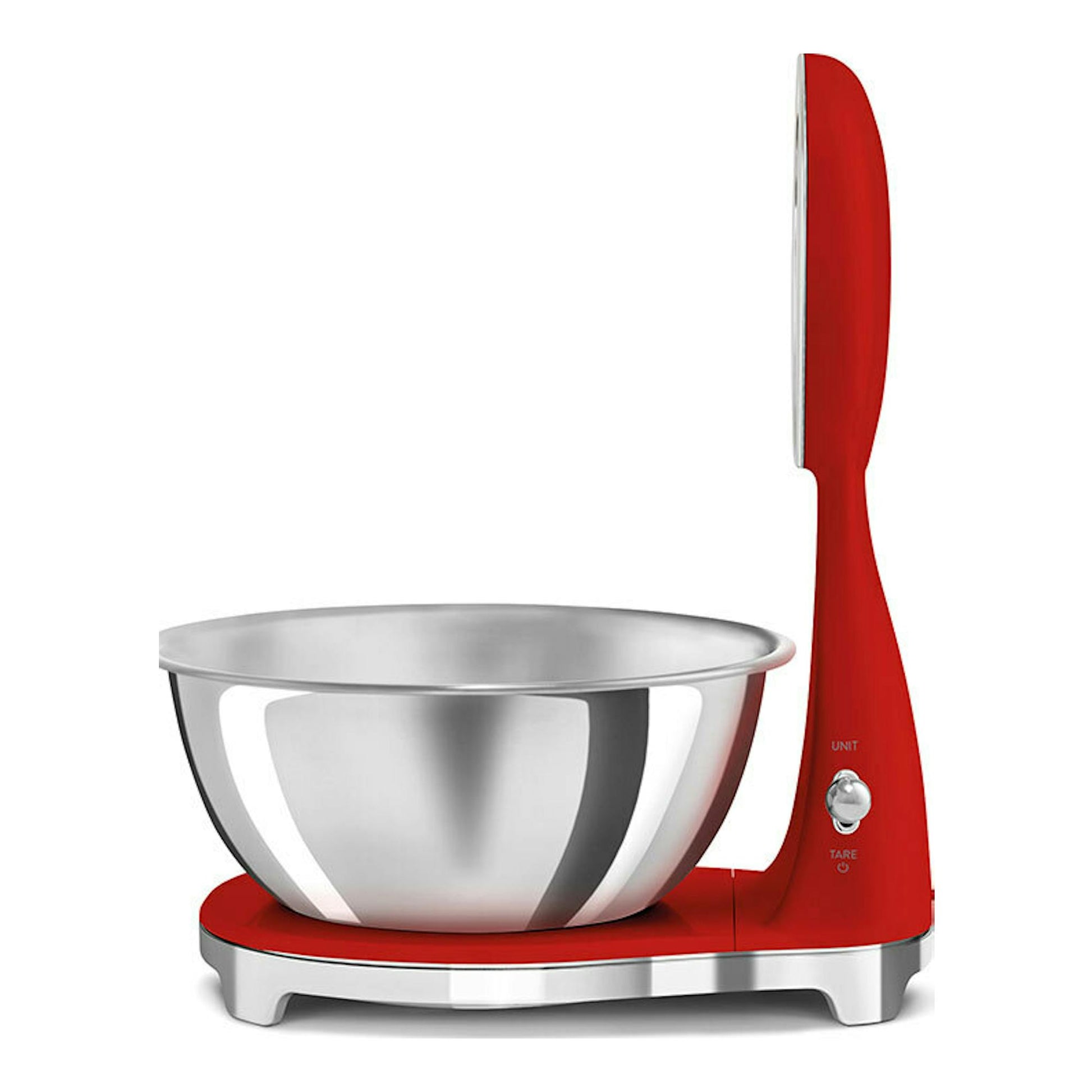 Balanza de cocina Smeg KSF01RDWW roja, vista frontal lateral, con bol metálico plateado.