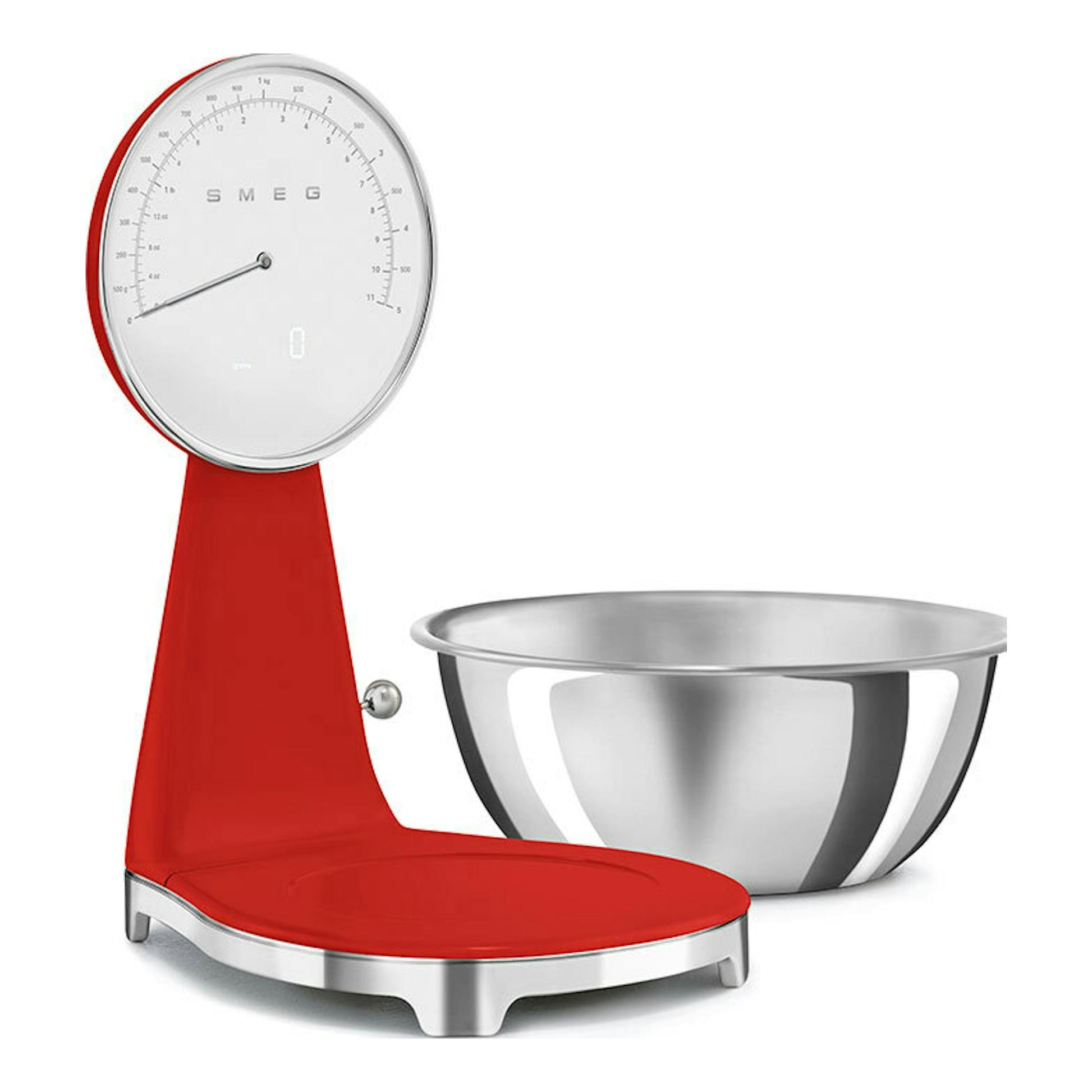 Balanza de cocina Smeg KSF01RDWW roja, vista frontal, con bol metálico de acero inoxidable.