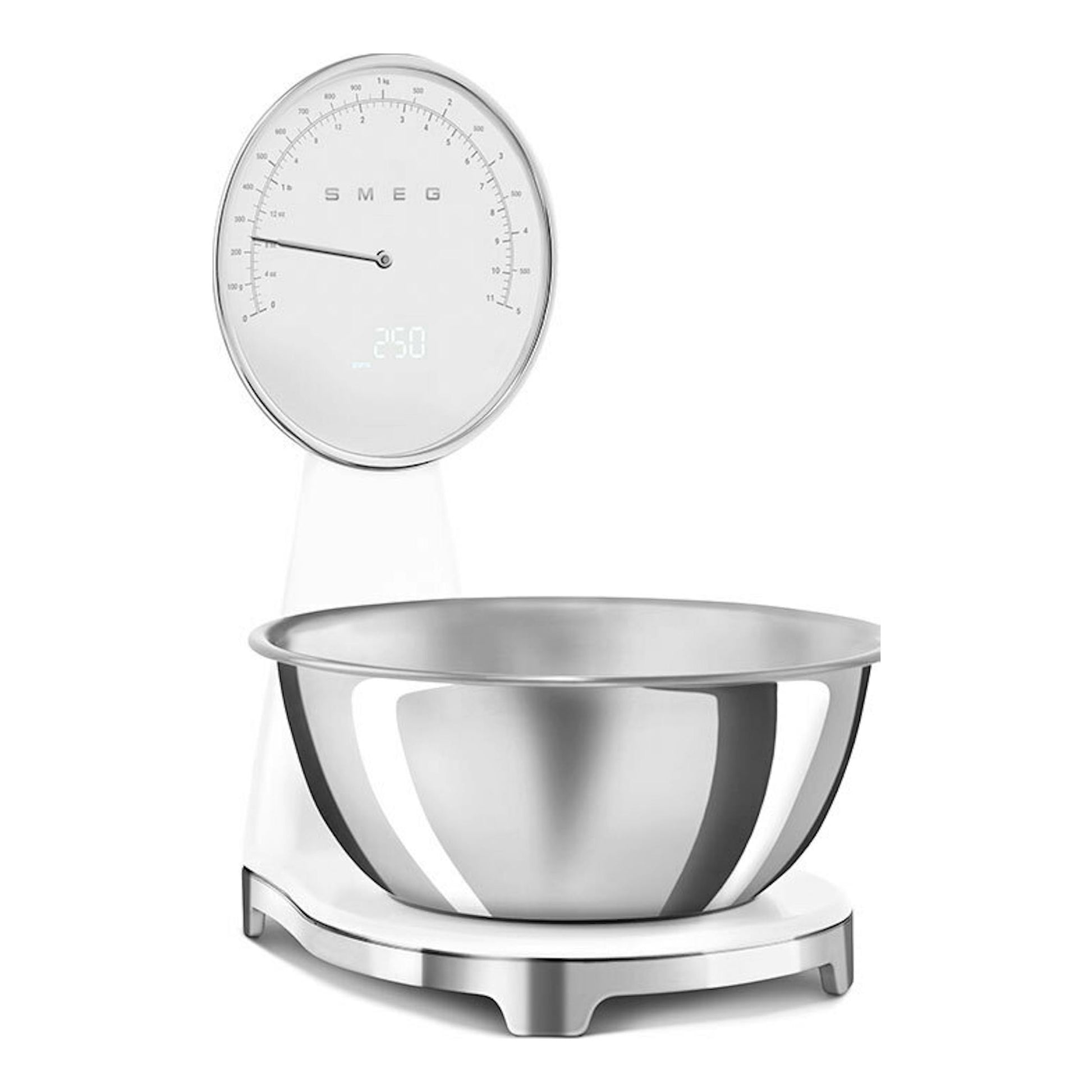 Balanza de cocina Smeg KSF01WHWW blanca, vista frontal, con bol de acero inoxidable.