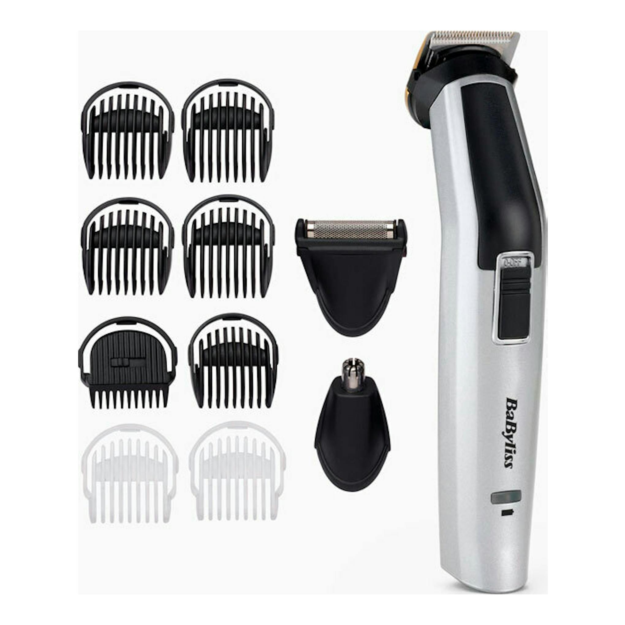 Barbero Babyliss MT725E plateado y negro con varios peines guía y accesorios, vista frontal.