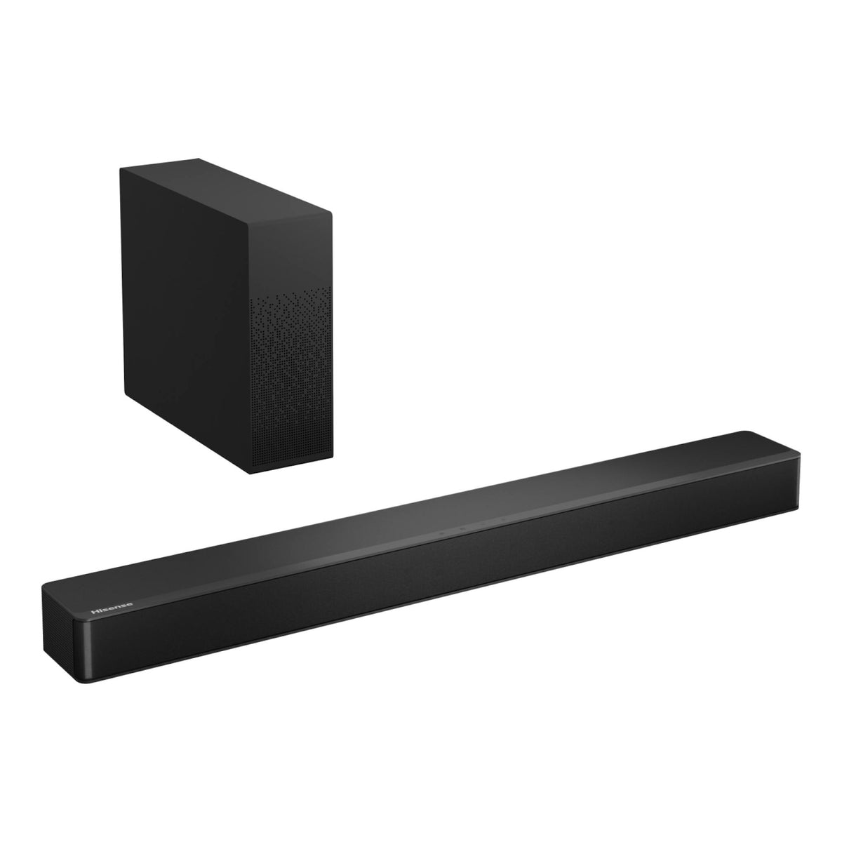 Barra de sonido Hisense HS2100 negra con subwoofer inalámbrico, vista en ángulo sobre fondo blanco.