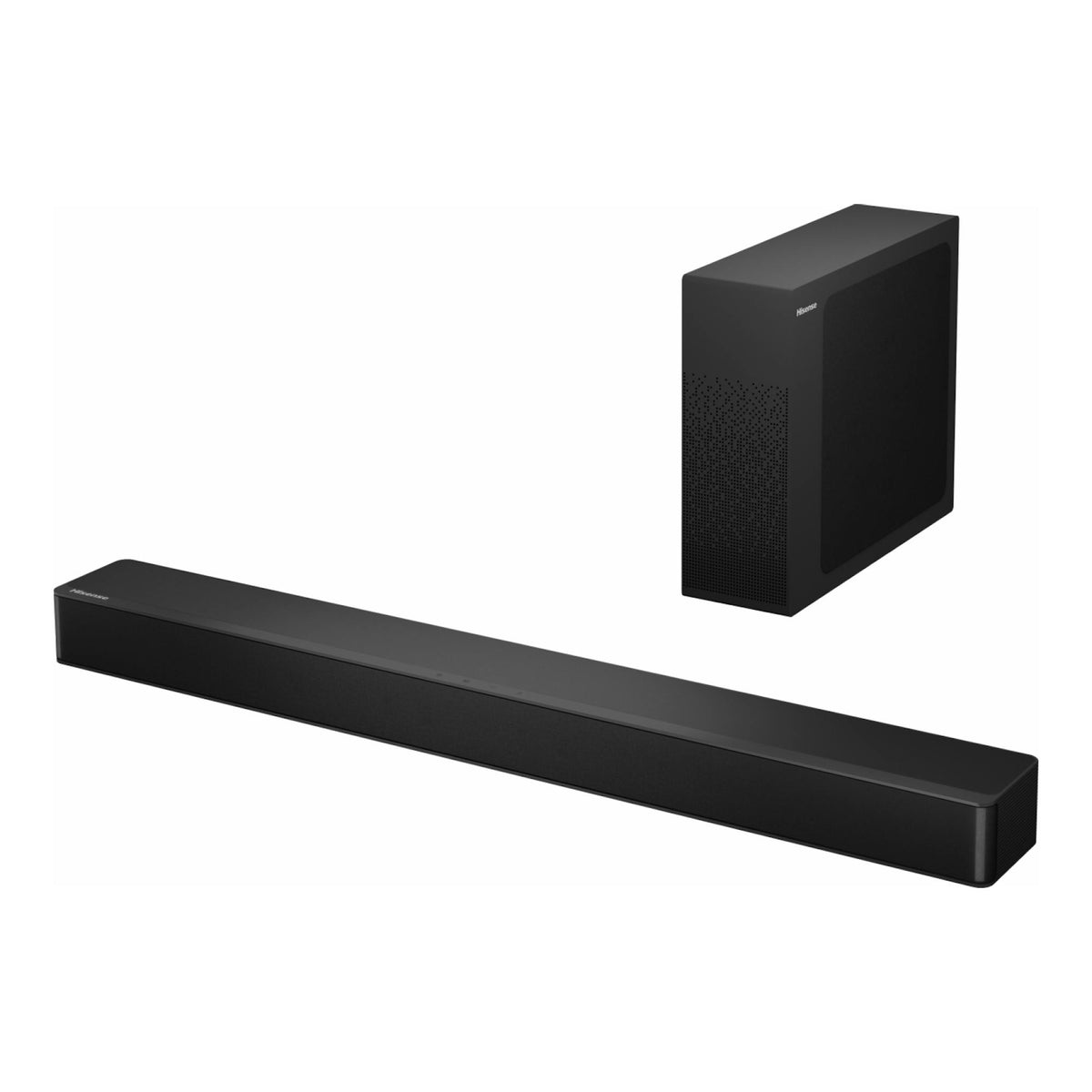 Barra de sonido Hisense HS2100 negra con subwoofer inalámbrico, vista en ángulo sobre fondo blanco.