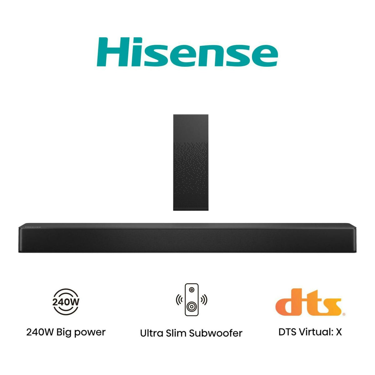 Barra de sonido Hisense HS2100 negra con subwoofer inalámbrico, vista frontal sobre fondo blanco
