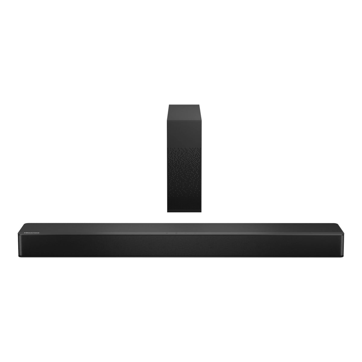 Barra de sonido Hisense HS2100 negra, vista frontal, con subwoofer inalámbrico vertical.