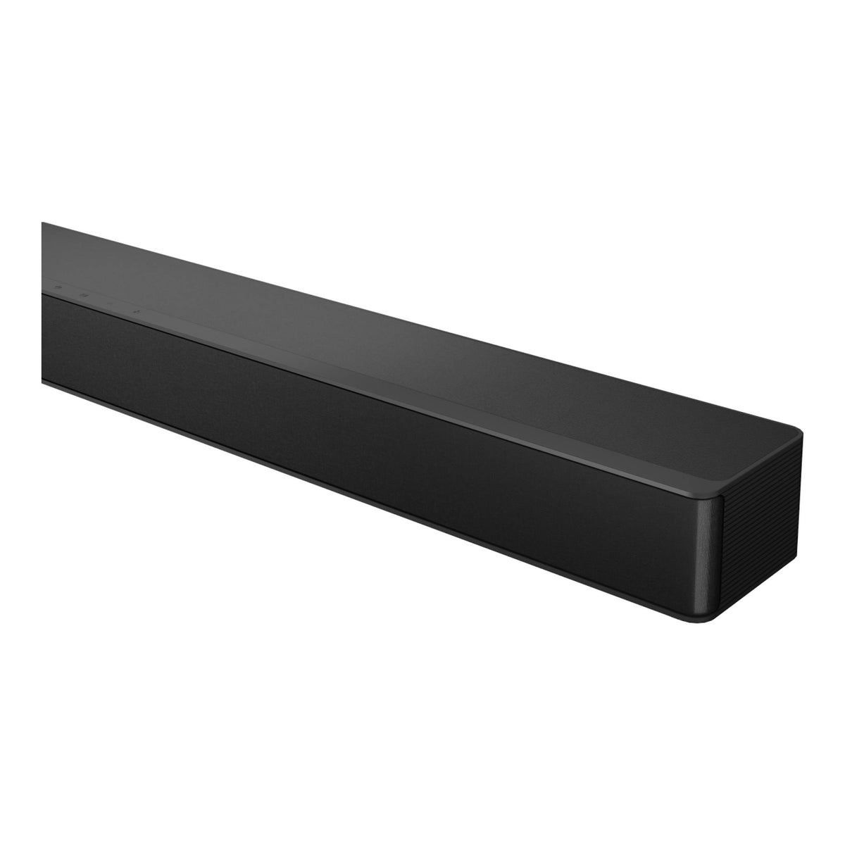 Barra de sonido Hisense HS2100 negra, vista en ángulo sobre fondo blanco.