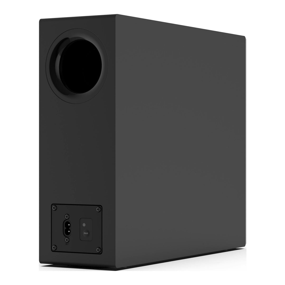 Subwoofer inalámbrico negro Hisense HS2100, vista trasera lateral, con puerto y botón de emparejamiento.