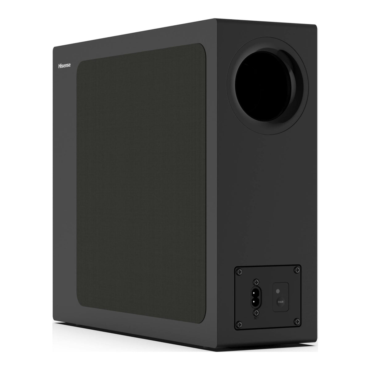 Subwoofer inalámbrico Hisense HS2100 negro, vista frontal lateral, con puerto circular y panel trasero.