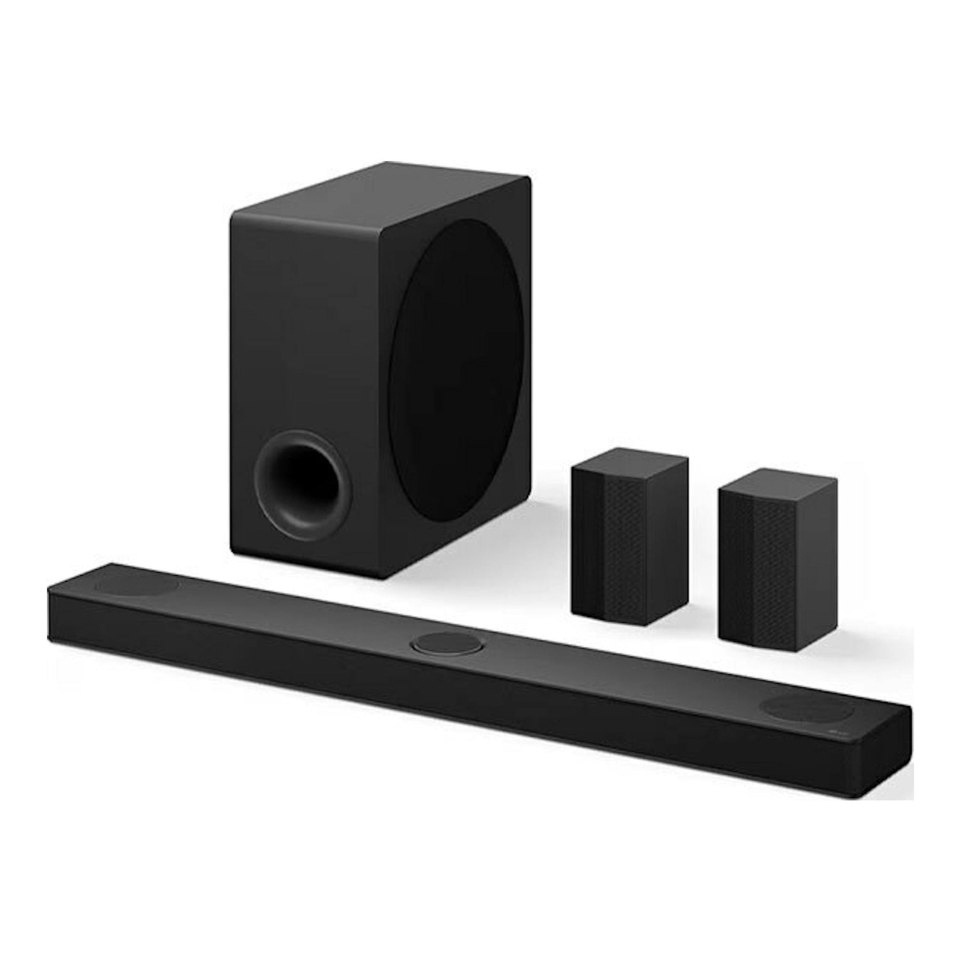 Barra de sonido LG S80TR negra con subwoofer y dos altavoces traseros, vista frontal en fondo blanco.