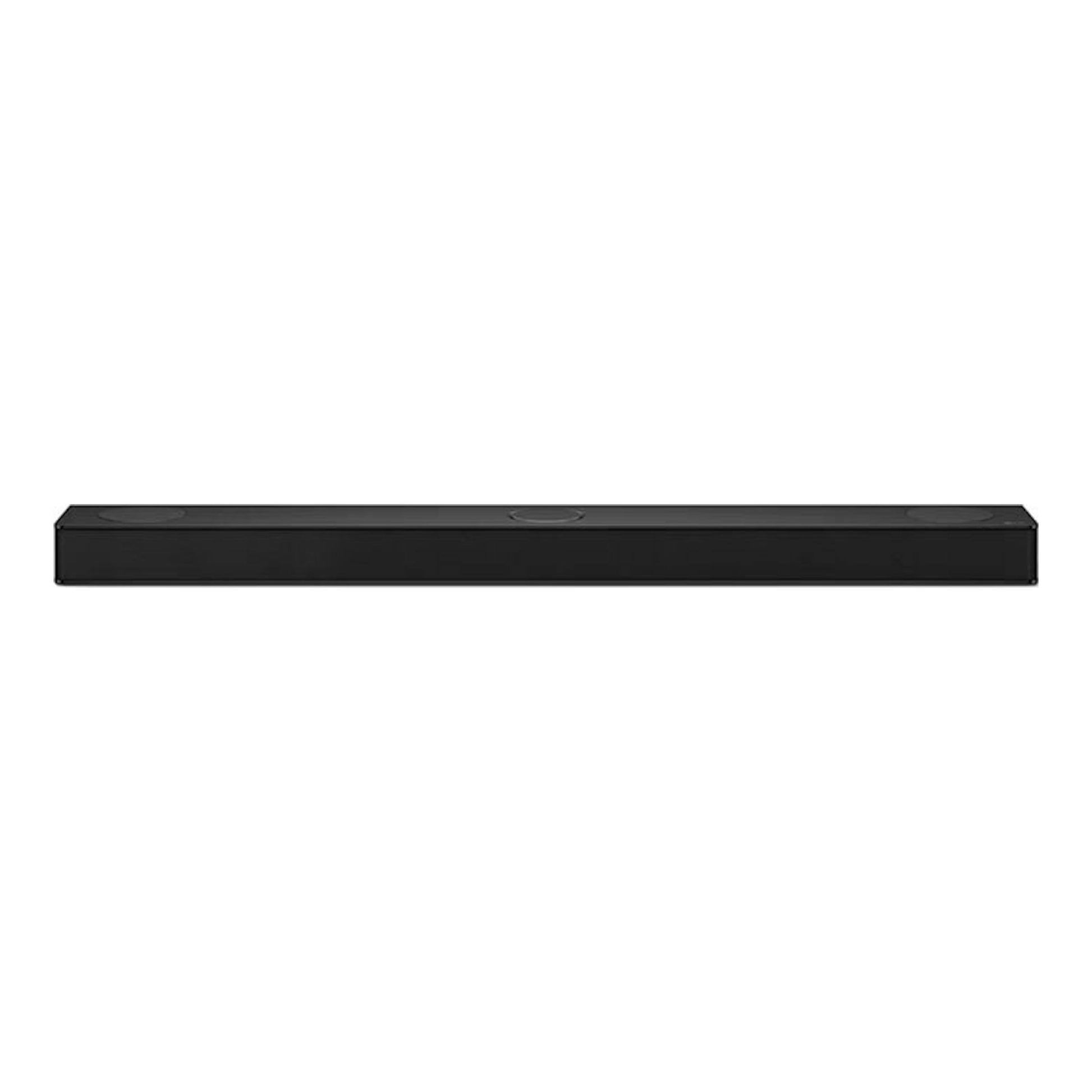 Barra de sonido LG S80TR negra, vista frontal sobre fondo blanco.