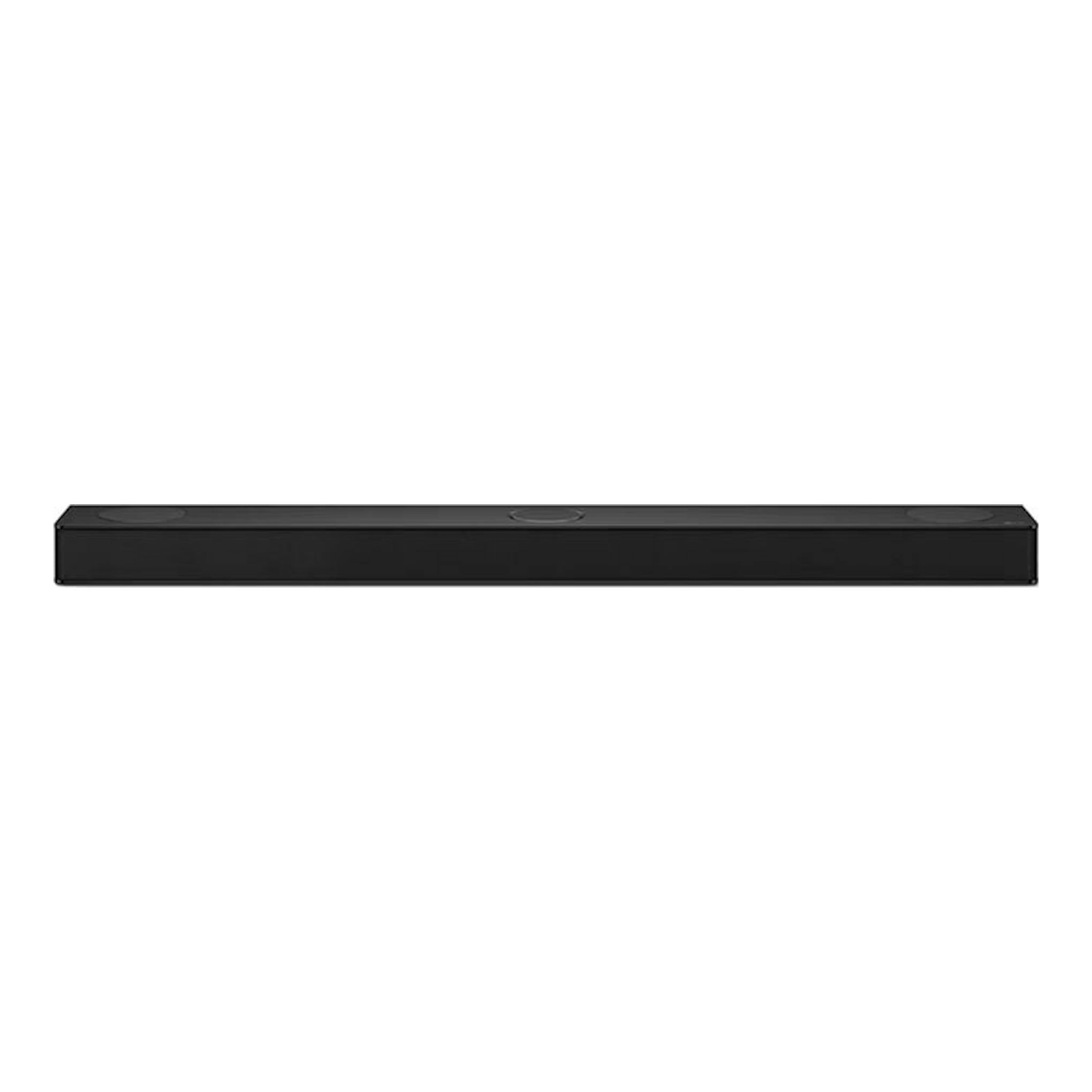 Barra de sonido LG S80TR negra, vista frontal sobre fondo blanco.