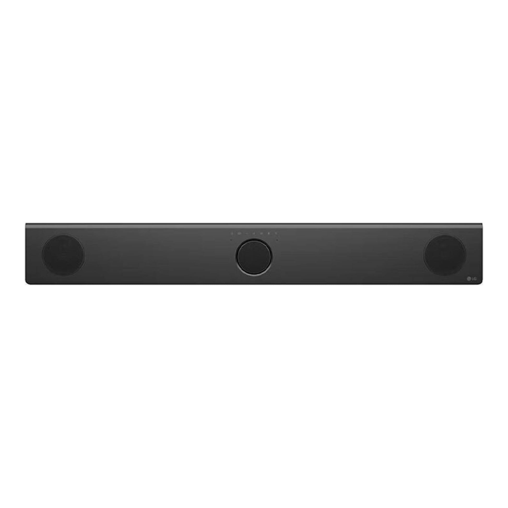 Barra de sonido LG S80TR negra, vista frontal, con dos altavoces laterales y un driver circular central.