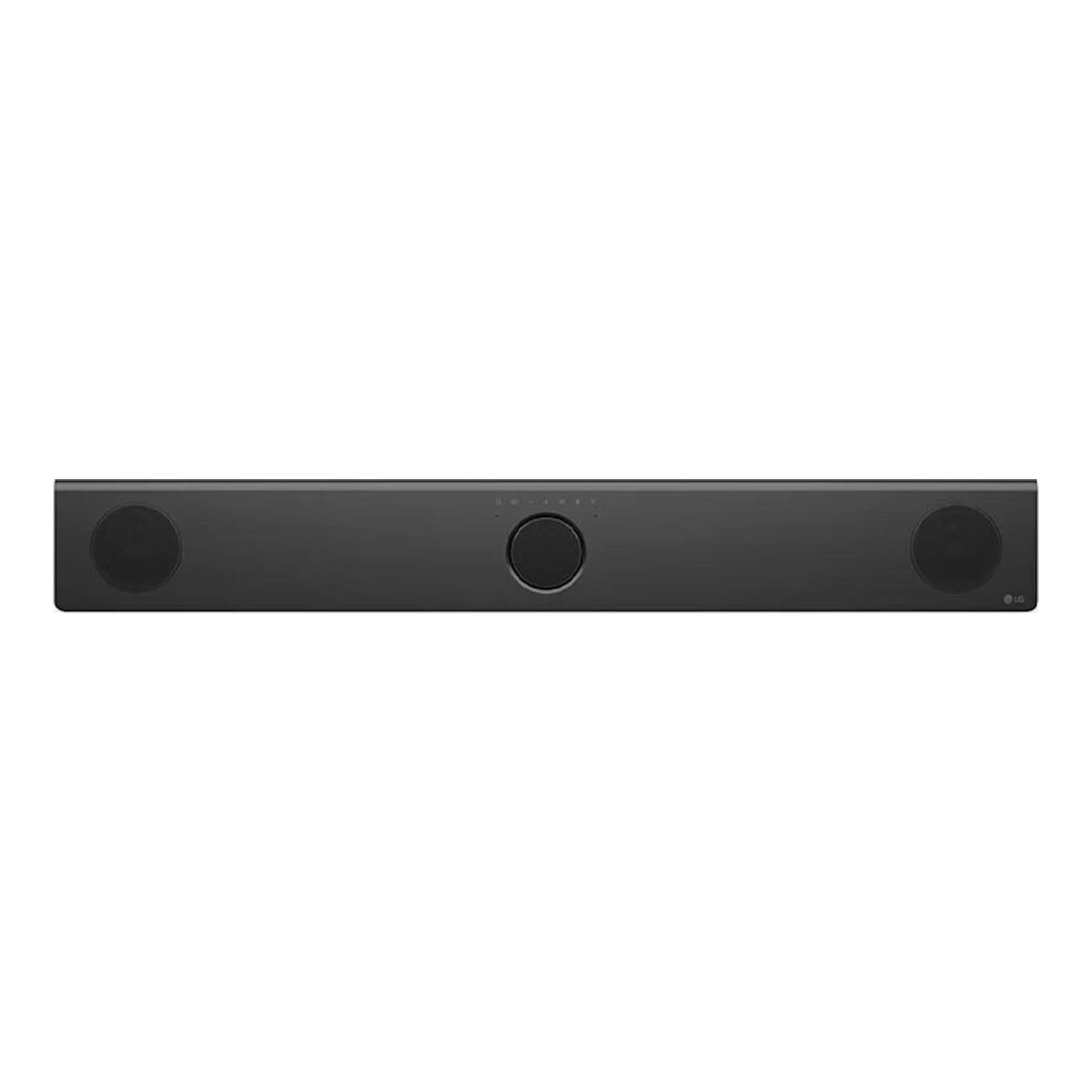 Barra de sonido LG S80TR negra, vista frontal, con dos altavoces laterales y un driver circular central.