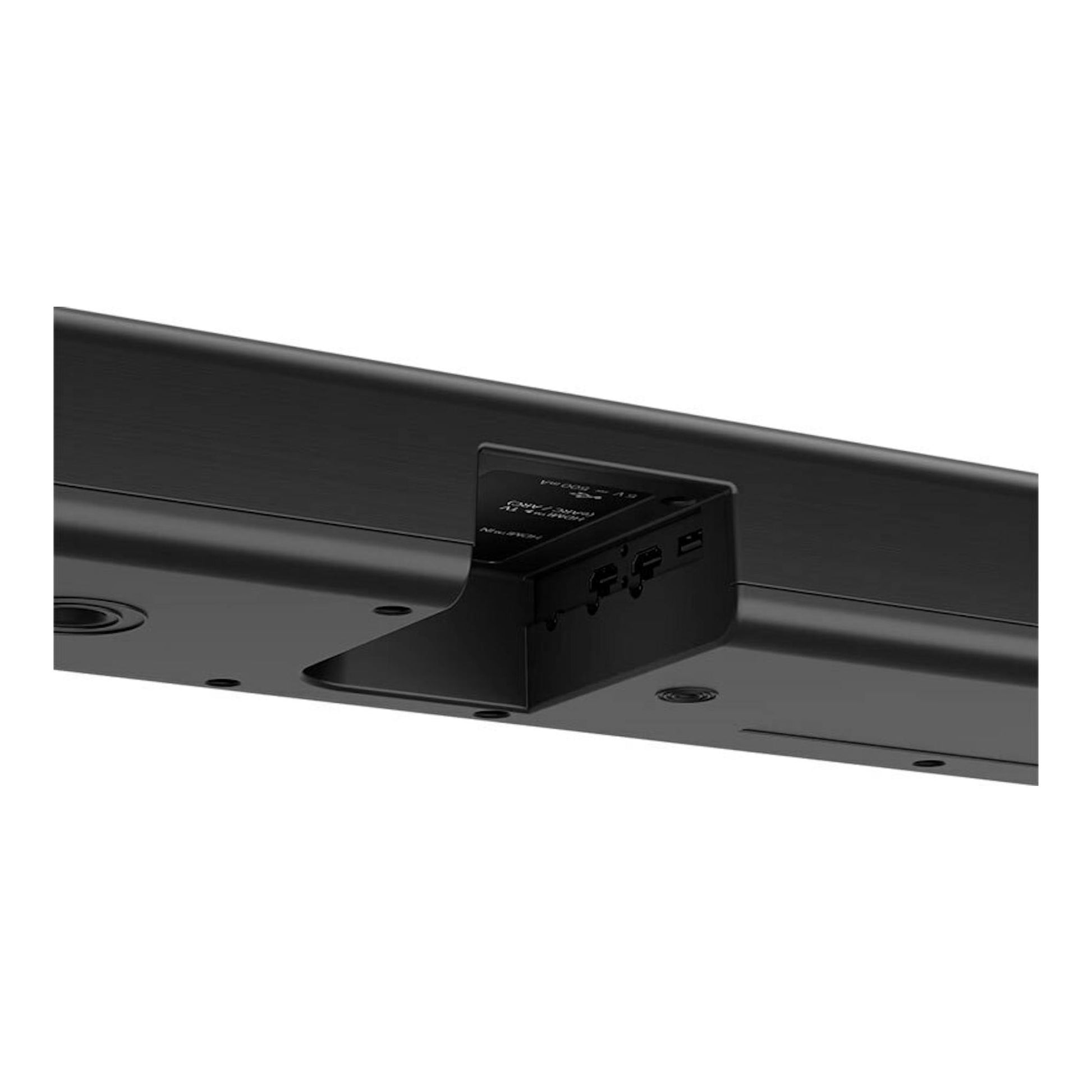 Barra de sonido LG S80TR negra, vista inferior en ángulo, con panel de conexiones y puertos traseros.