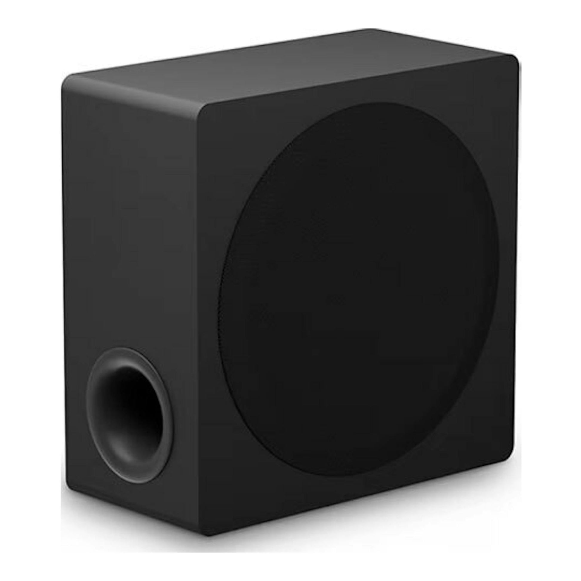 Subwoofer LG S80TR negro, vista en ángulo frontal lateral, con puerto circular lateral.