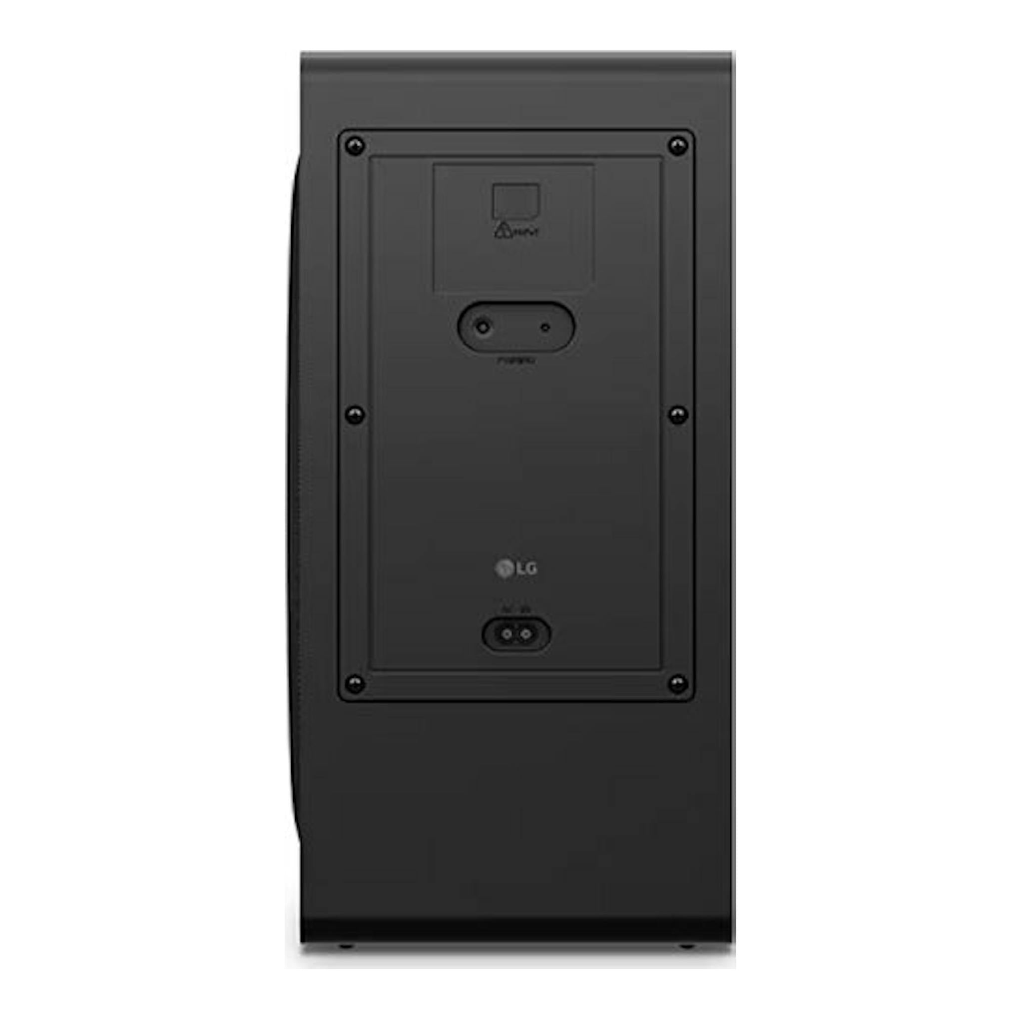 Barra de sonido LG S80TR negra, vista trasera con panel de conexiones y tornillos.