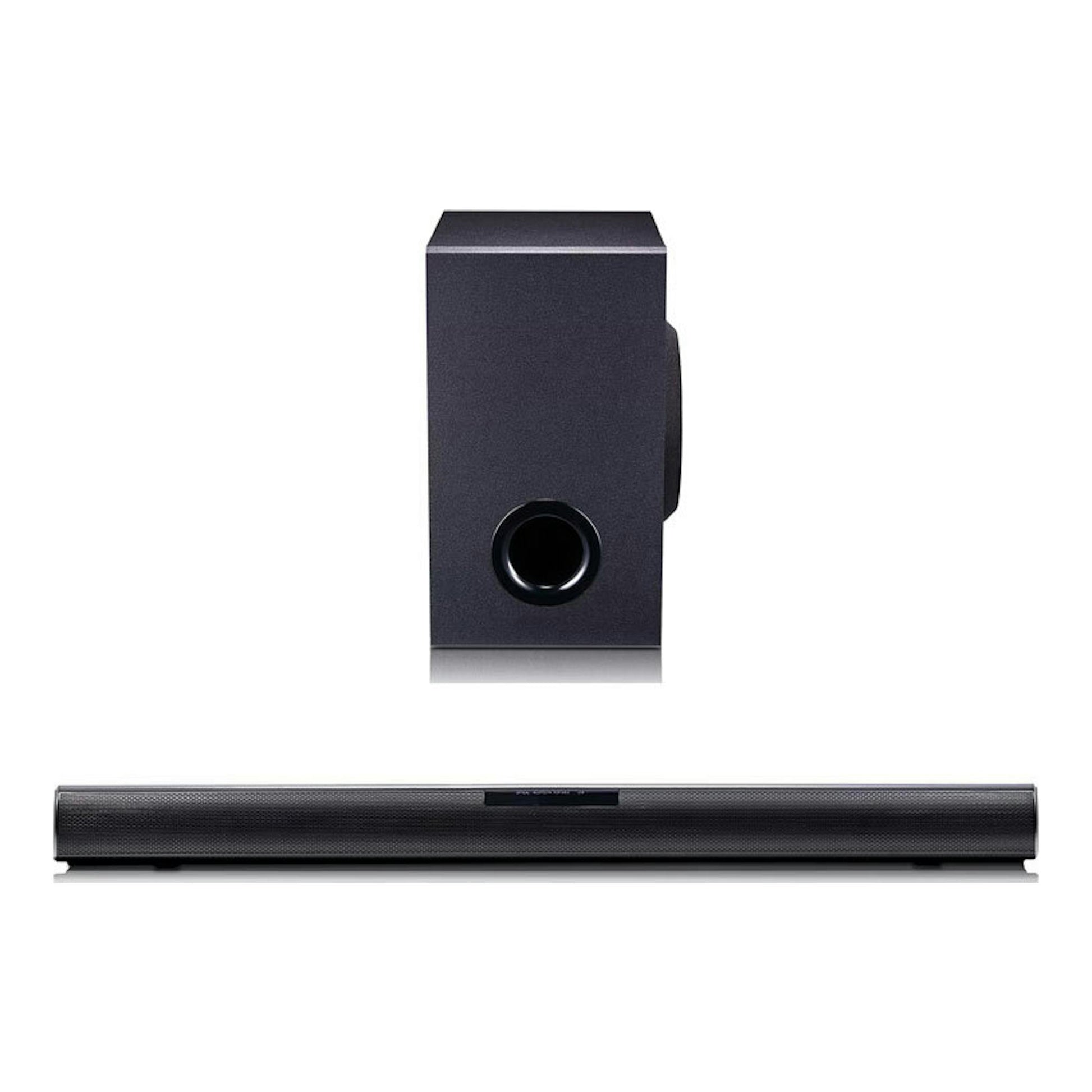 Barra de sonido LG SQC1 negra, con subwoofer vertical, vista frontal.