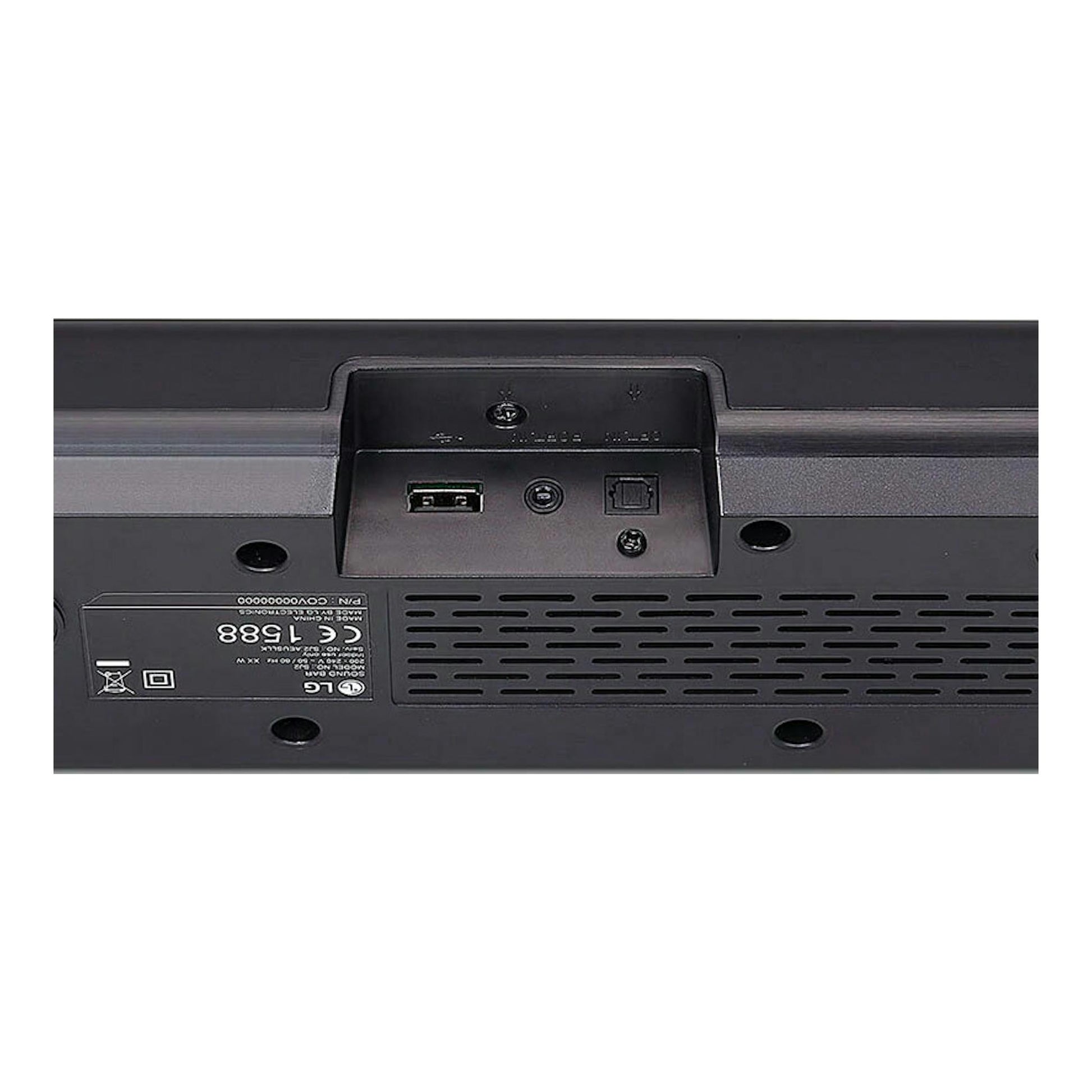 Vista trasera de una barra de sonido LG SQC1 negra, con puertos USB, óptico y rejillas de ventilación.
