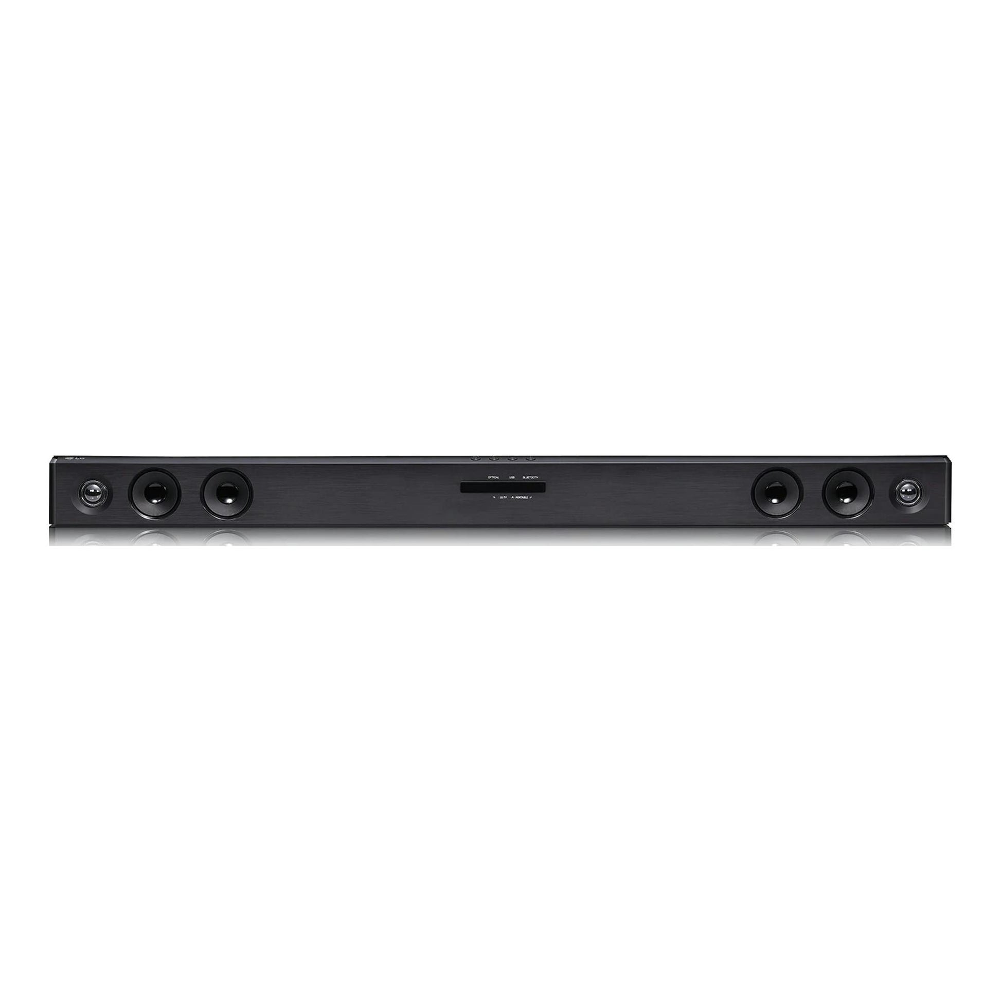 Barra de sonido LG SQC2 negra, vista frontal, con varios altavoces circulares visibles.