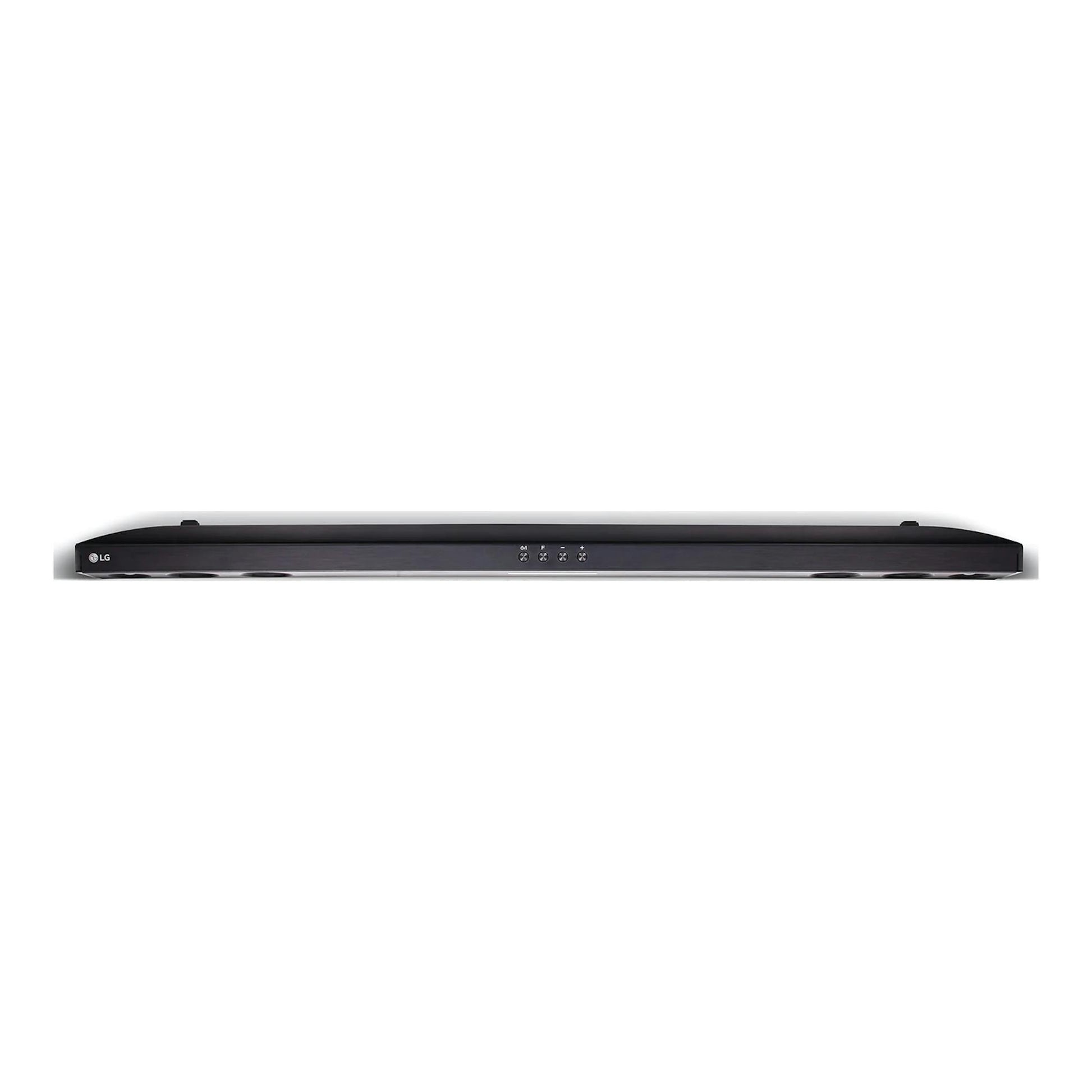 Barra de sonido LG SQC2 negra, vista frontal, con controles superiores y logotipo LG.