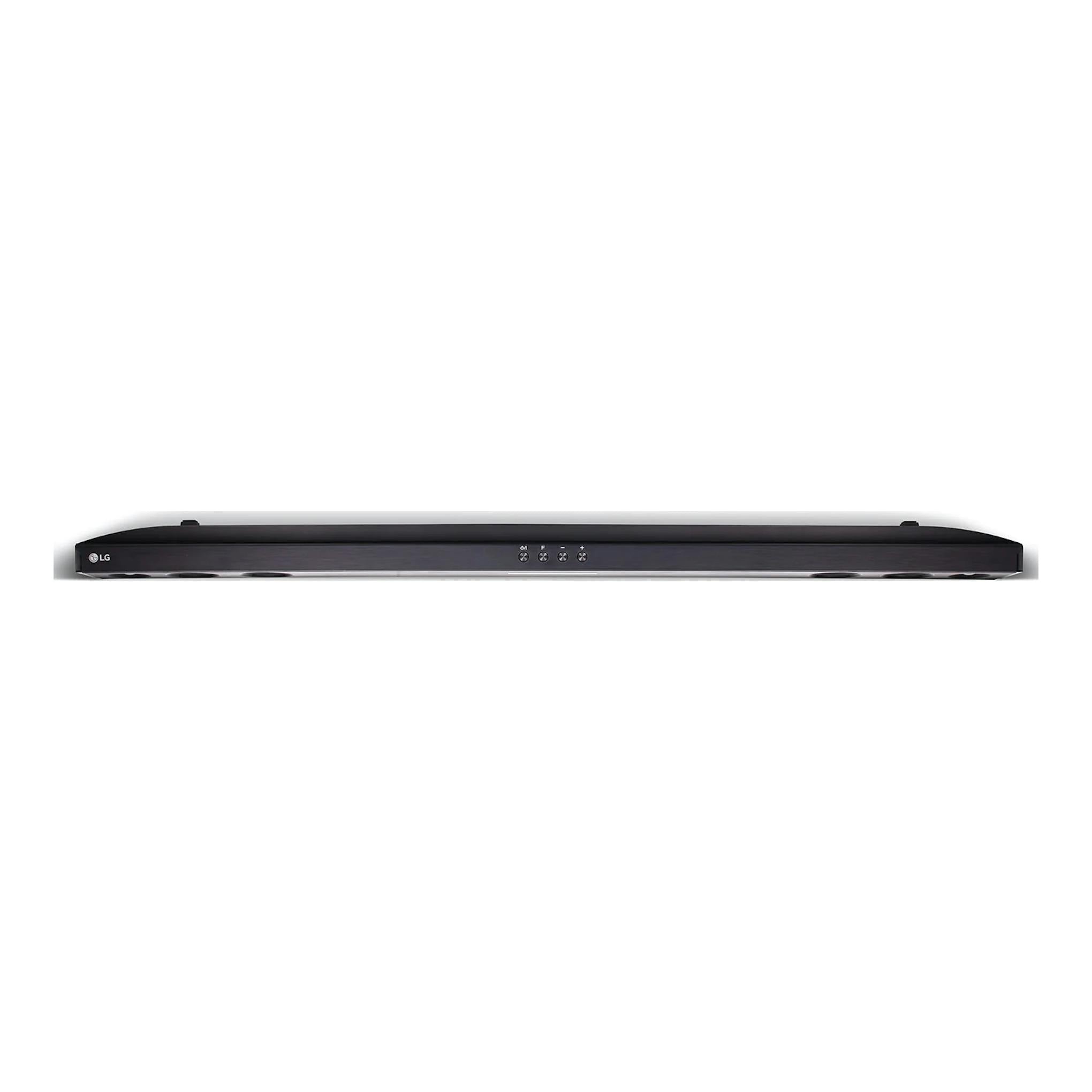 Barra de sonido LG SQC2 negra, vista frontal, con controles superiores y logotipo LG.