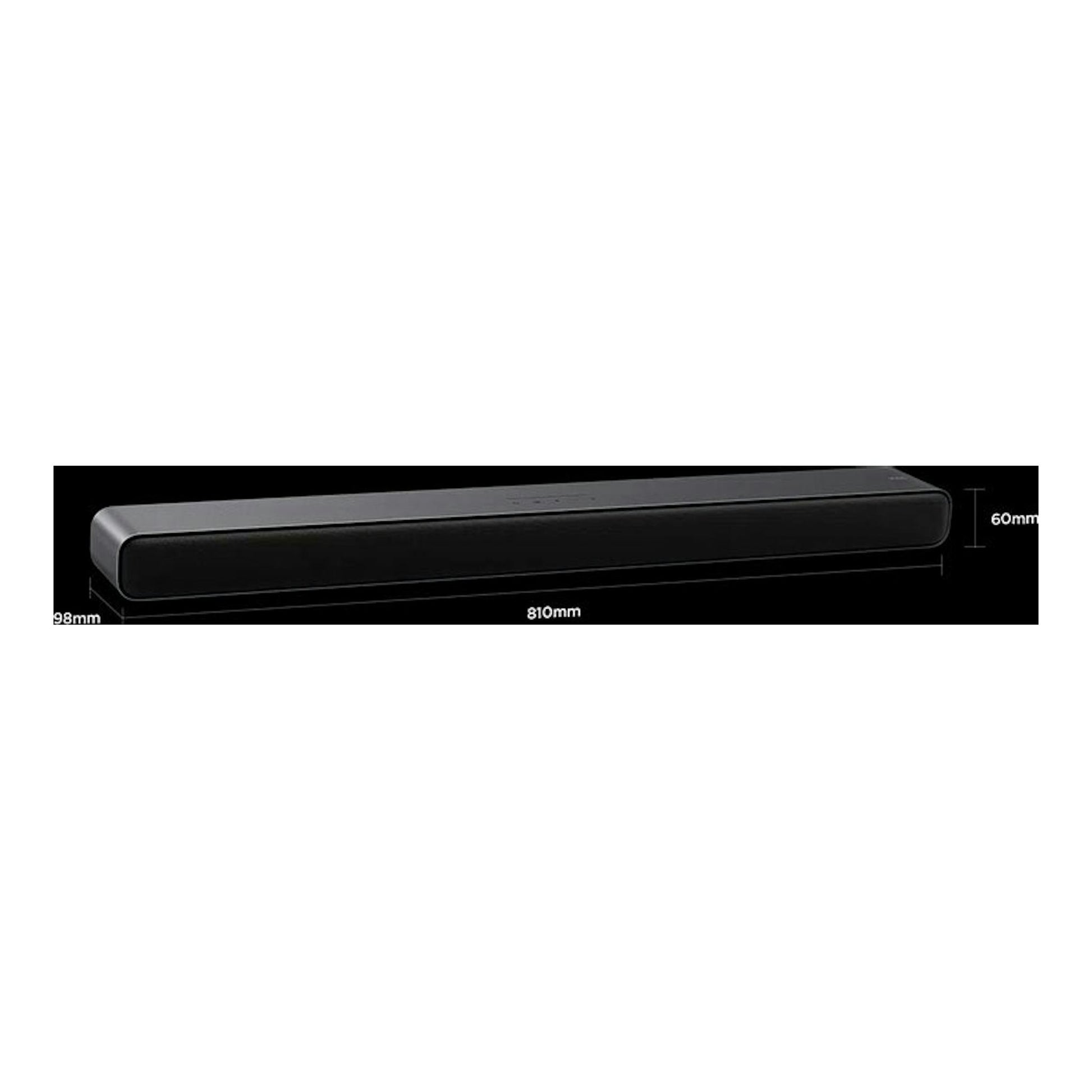Barra de sonido TCL S45HE negra, vista en perspectiva, con medidas 810 x 98 x 60 mm.