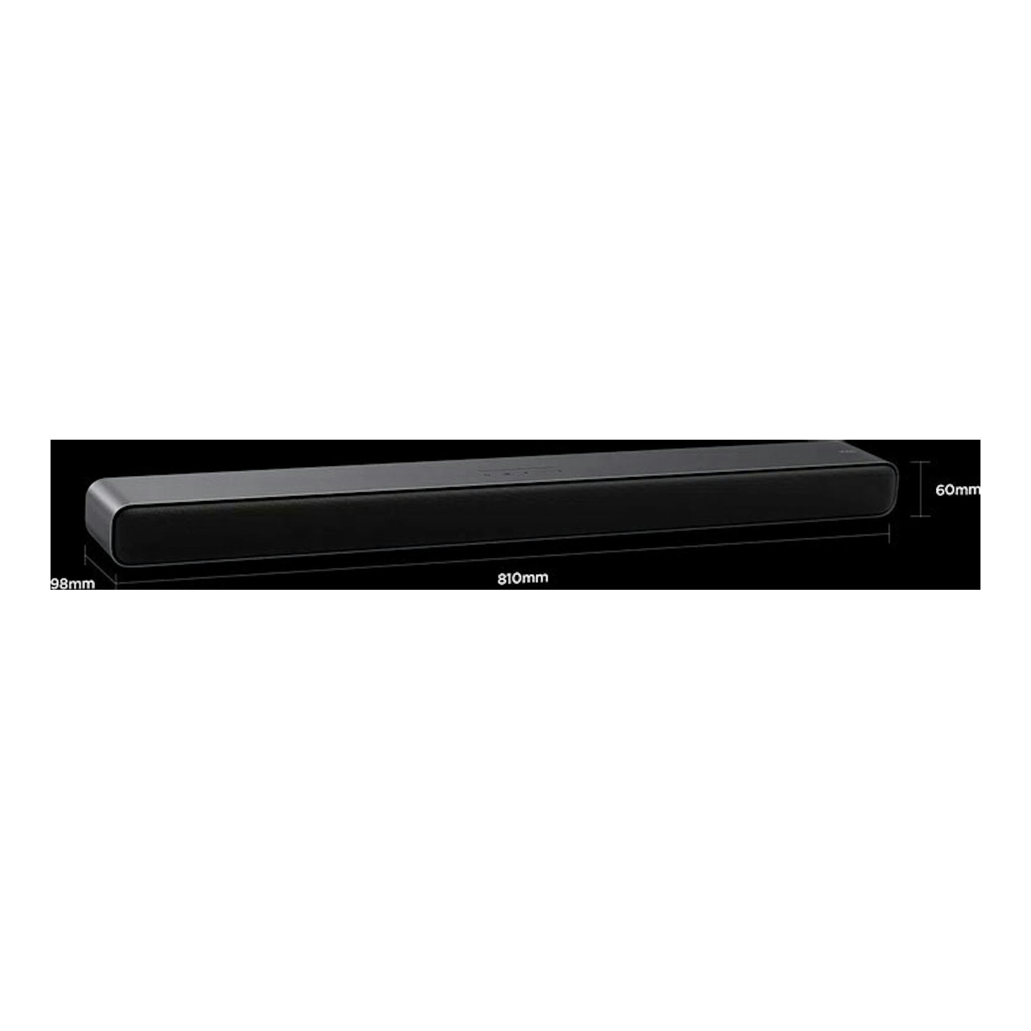 Barra de sonido TCL S45HE negra, vista en perspectiva, con medidas 810 x 98 x 60 mm.