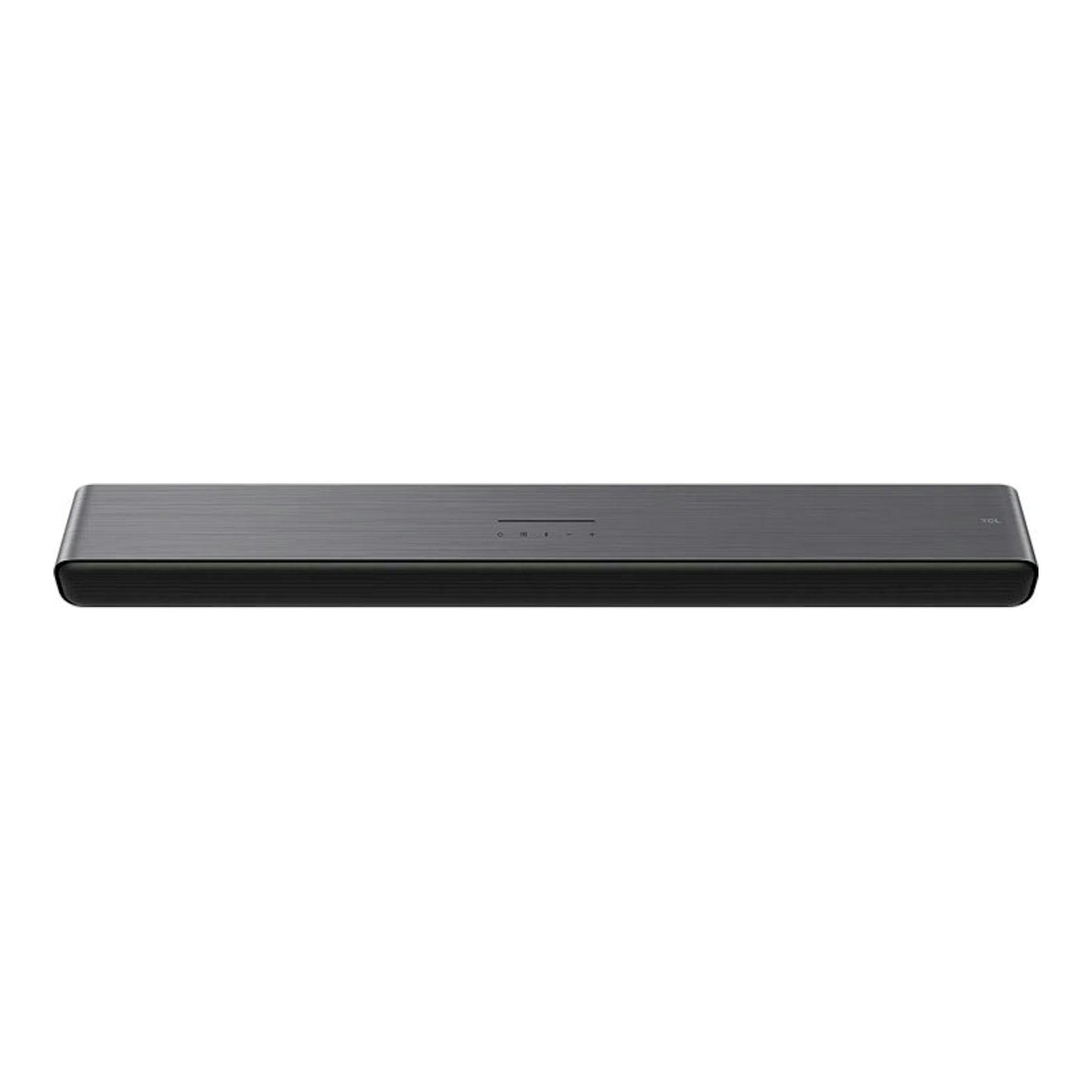 Barra de sonido TCL S45HE negra, vista frontal sobre fondo blanco.