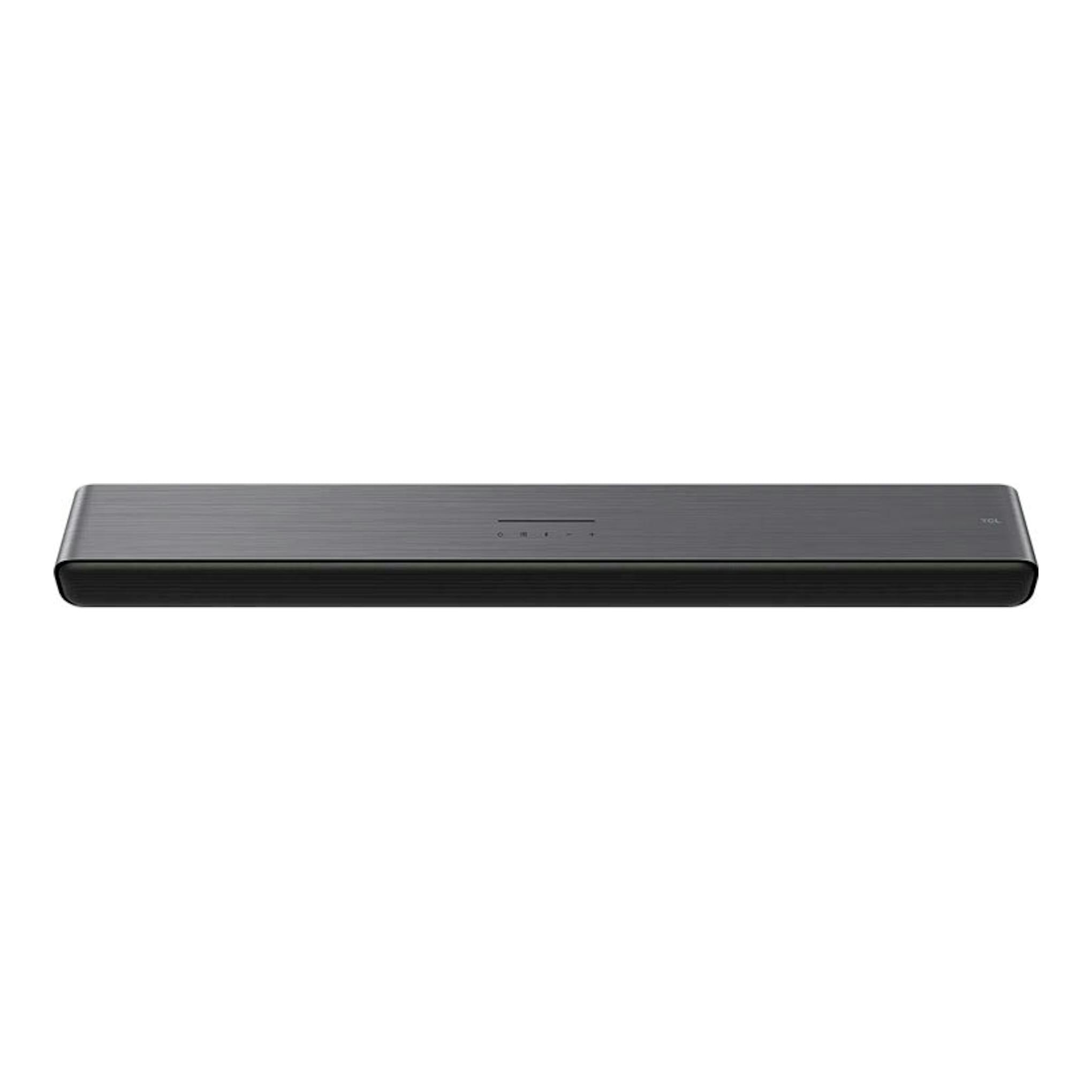 Barra de sonido TCL S45HE negra, vista frontal sobre fondo blanco.