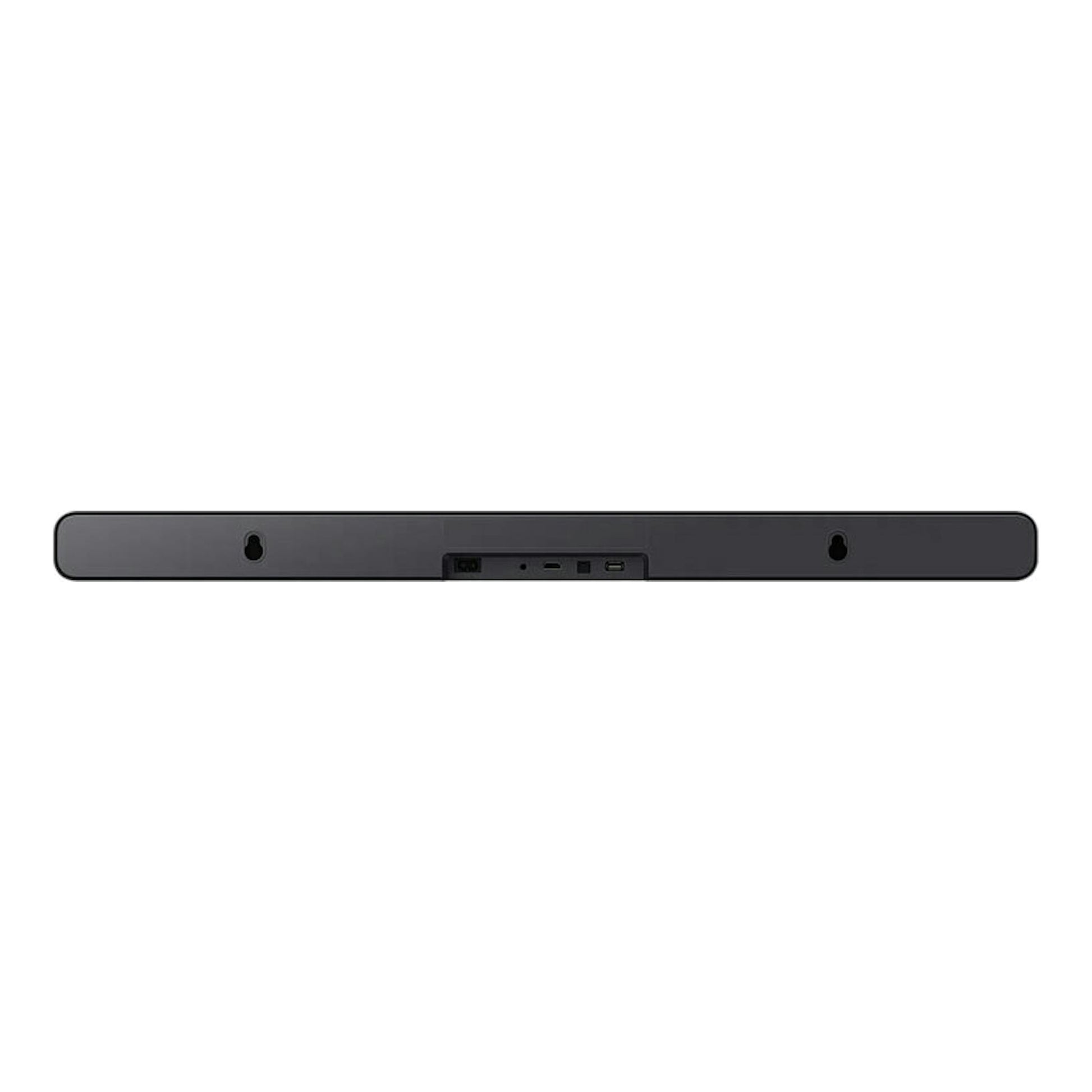 Barra de sonido TCL S45HE negra, vista trasera, con puertos centrales y orificios de montaje.