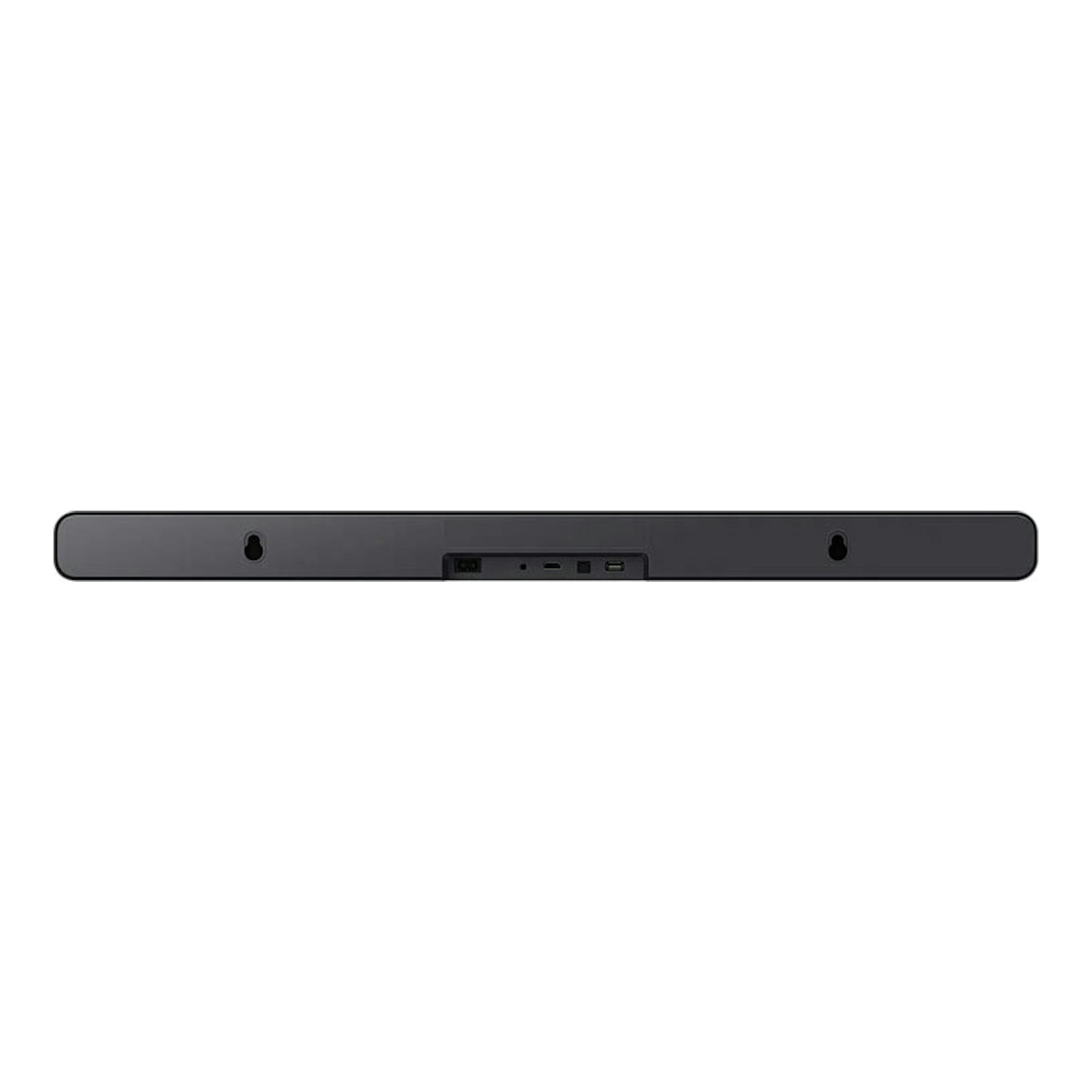 Barra de sonido TCL S45HE negra, vista trasera, con puertos centrales y orificios de montaje.