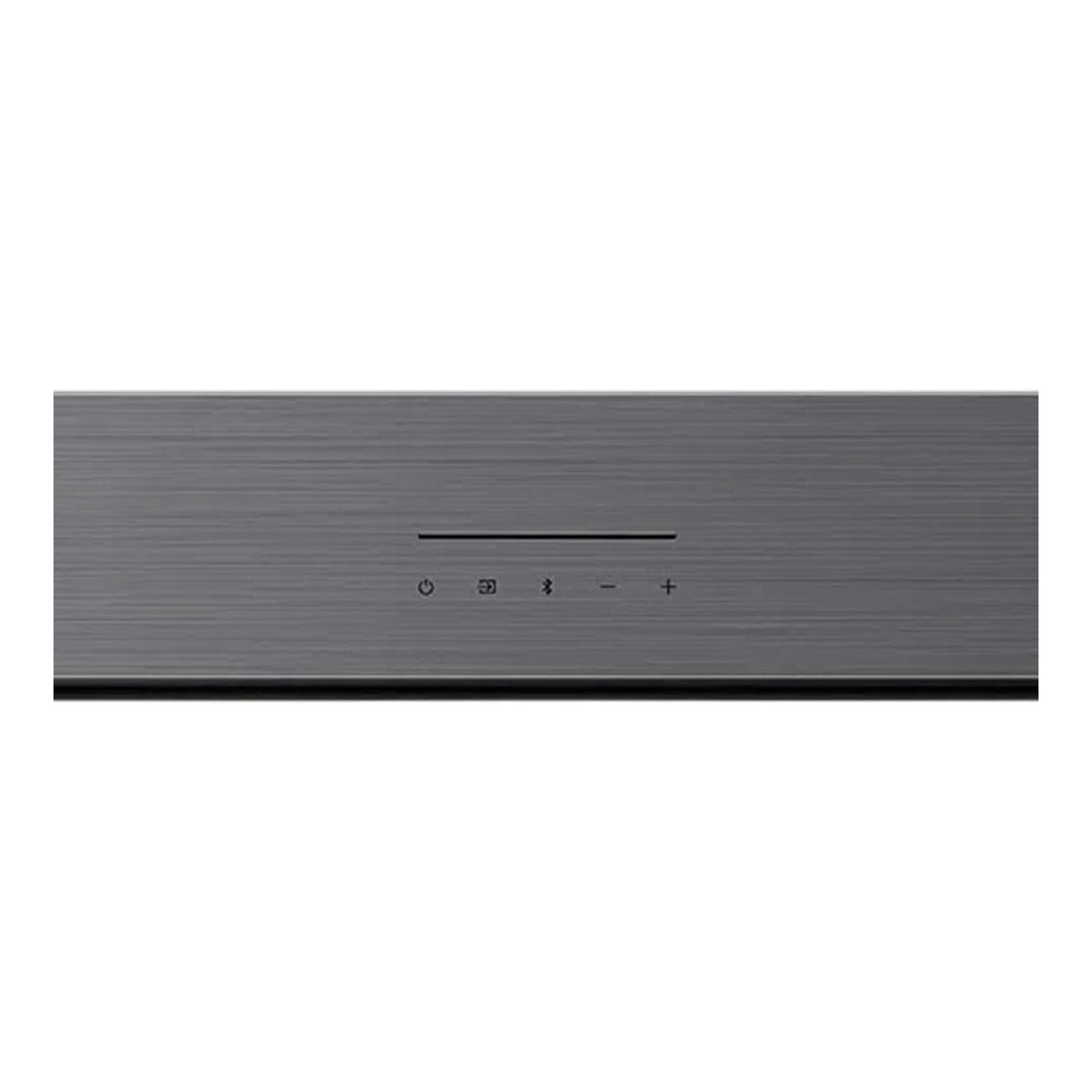 Barra de sonido TCL S45HE gris, vista frontal, con botones táctiles y rejilla central.